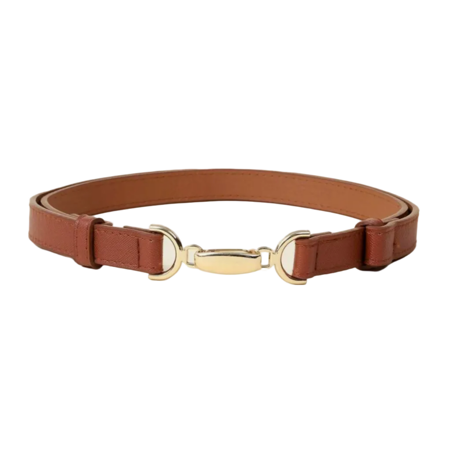 A brown leather belt with a polished gold-tone metal buckle, displayed on a light beige background.