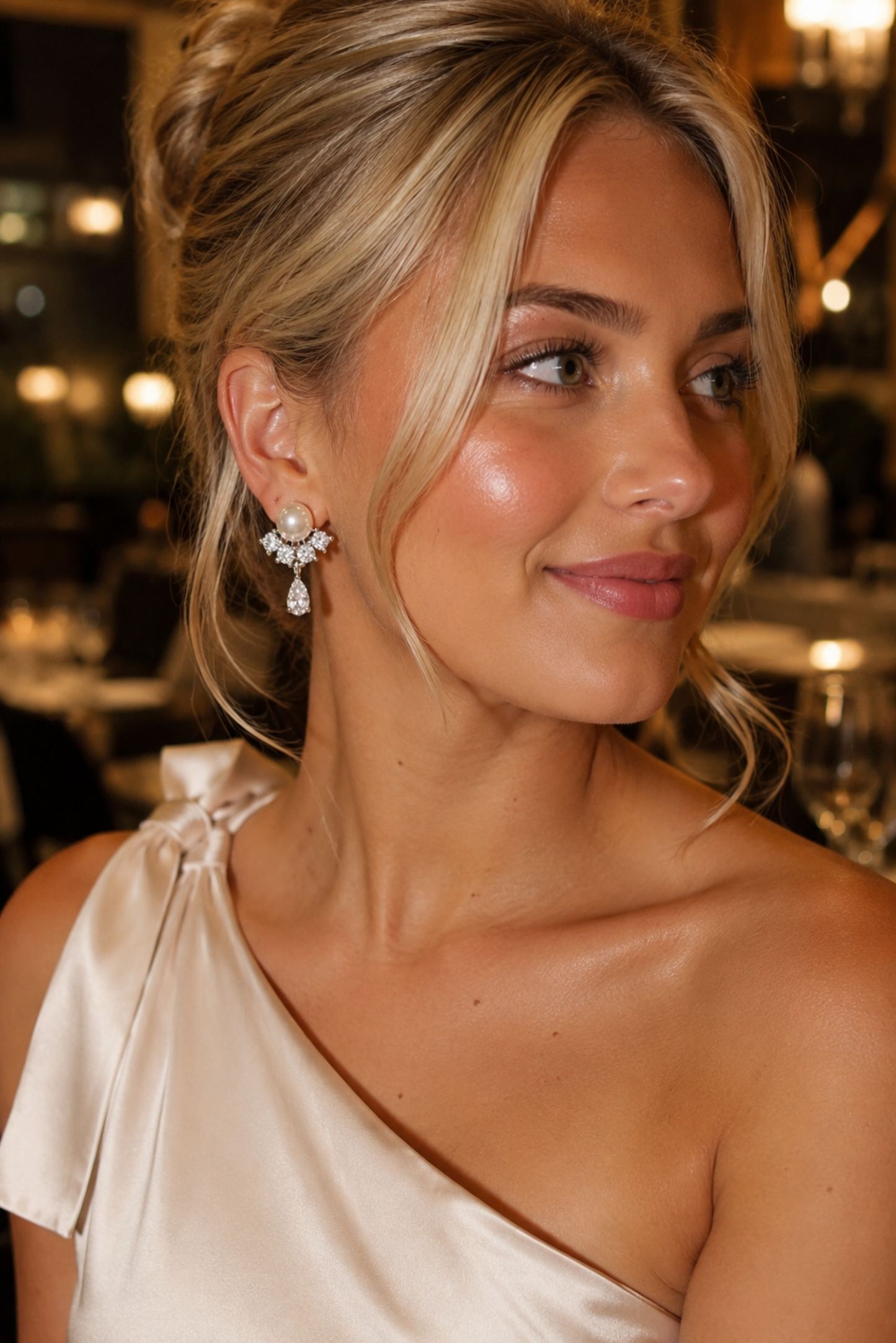 A close-up portrait of a woman with blonde hair in an updo, wearing a champagne one-shoulder satin dress and sparkling diamond-like drop earrings in a warmly lit indoor setting.