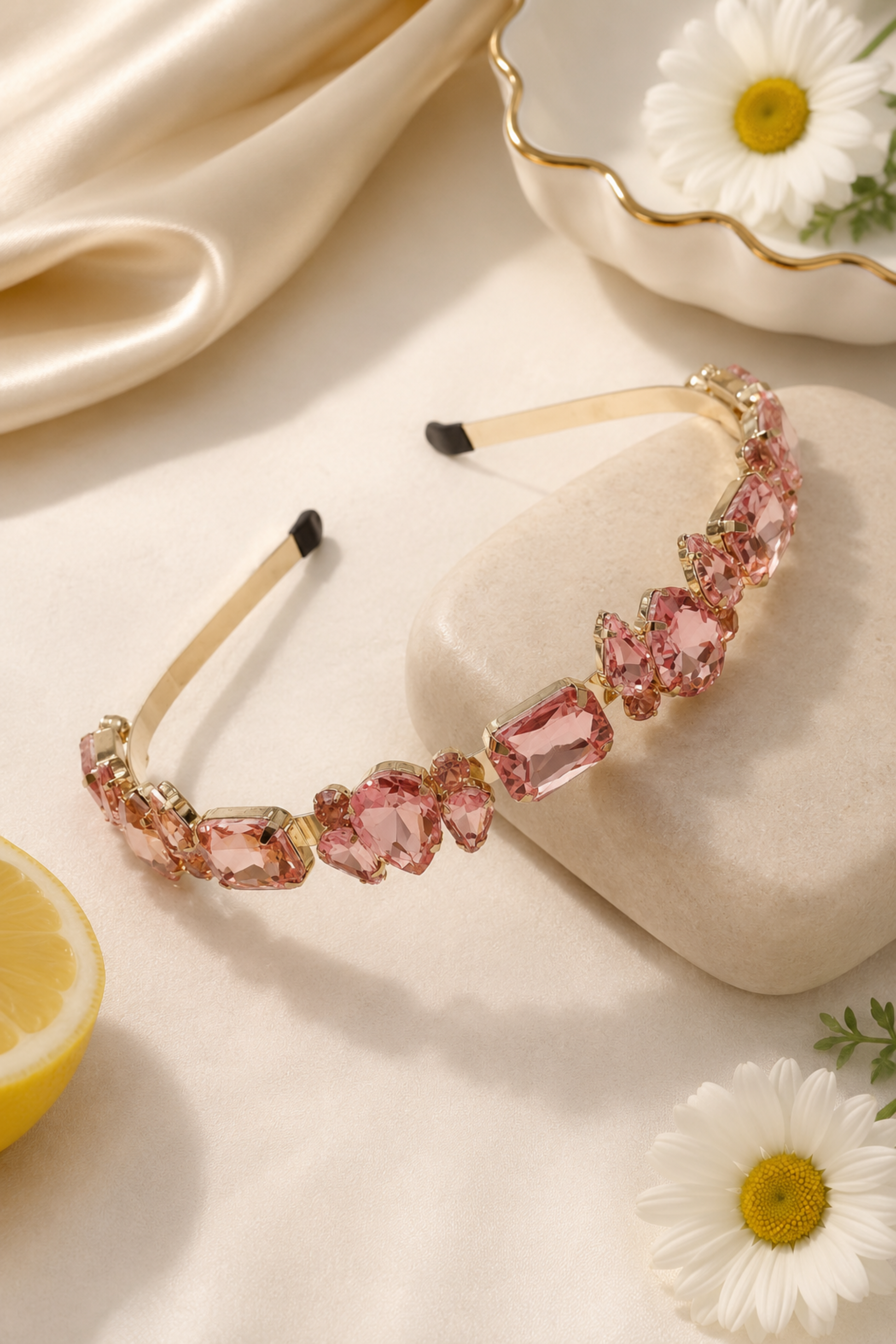 A gold-toned headband adorned with pink faceted gemstones, displayed on a cream-colored fabric surface with decorative props including a lemon slice, white daisies, and draped satin.
