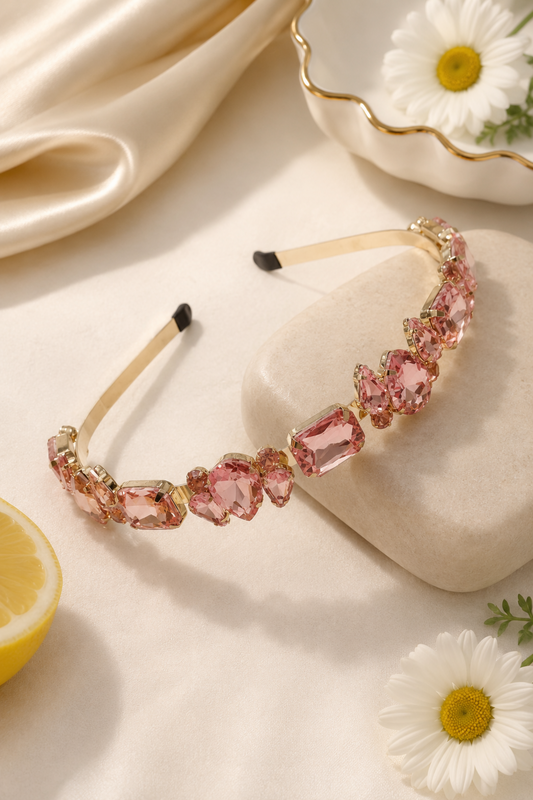A gold-toned headband adorned with pink faceted gemstones, displayed on a cream-colored fabric surface with decorative props including a lemon slice, white daisies, and draped satin.