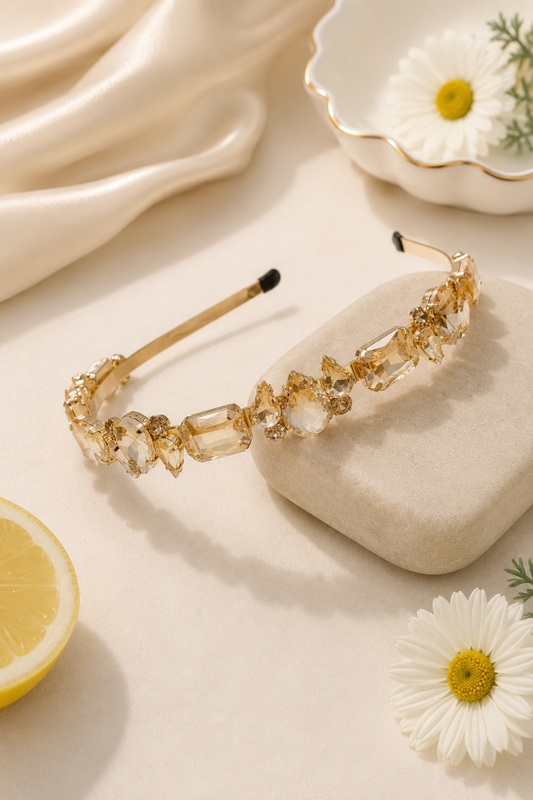 A gold-toned headband with clear faceted crystals arranged on a cream fabric surface, styled with a daisy flower, a lemon slice, draped satin fabric, and a small dish.