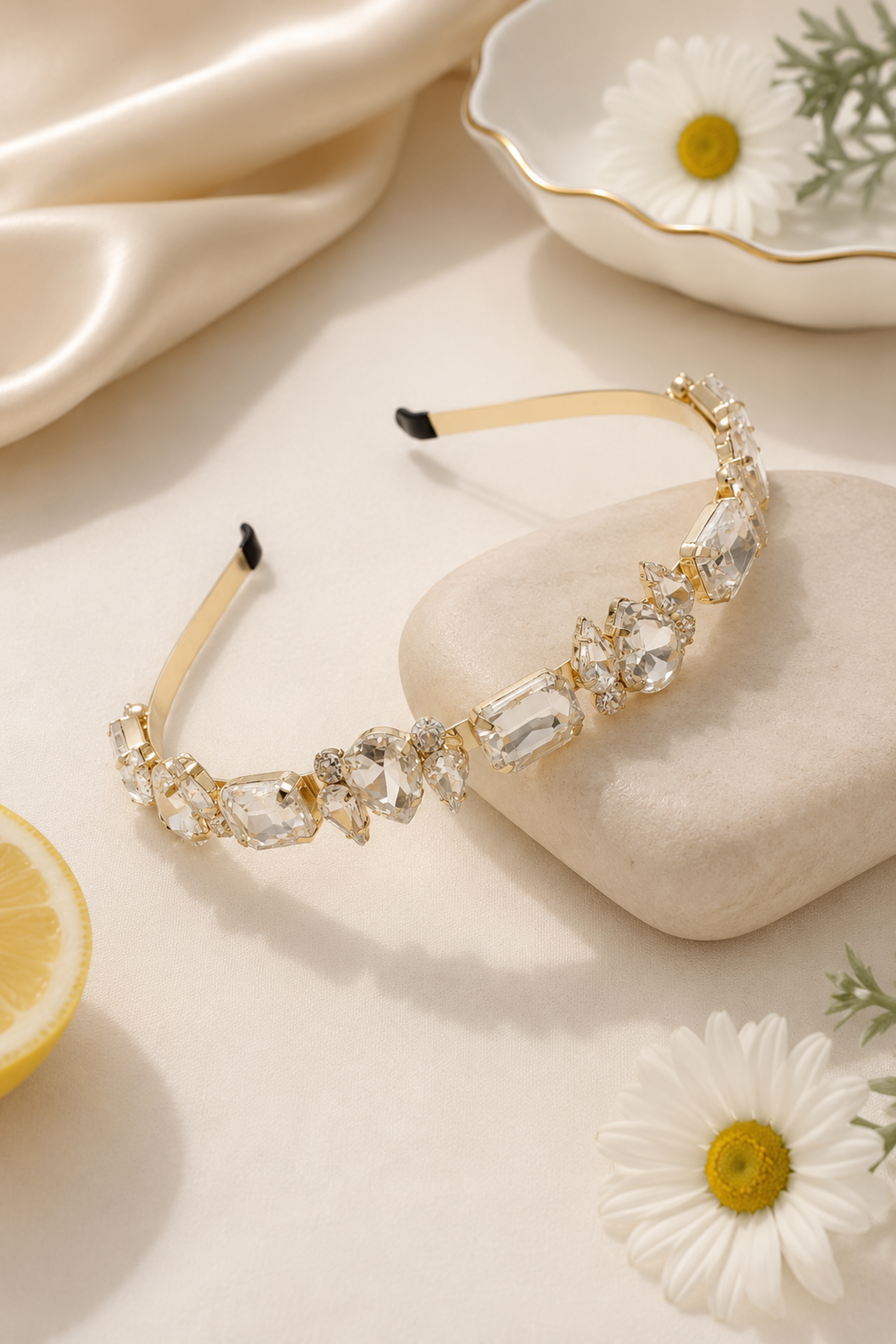 A gold headband adorned with clear rectangular and round rhinestones, displayed on a beige stone block with a cream satin cloth, daisies, and a lemon slice in the background.