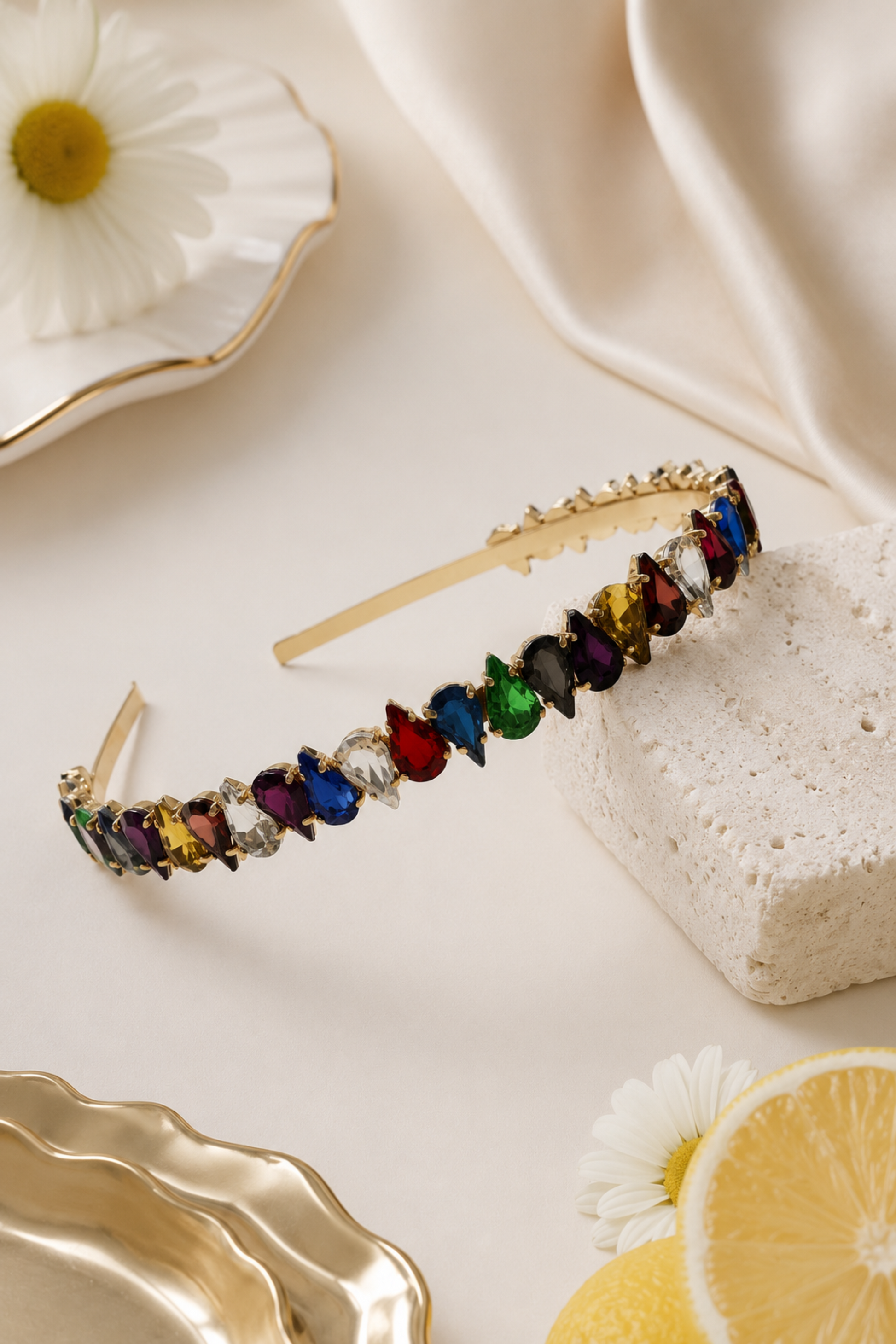 A gold metal headband adorned with a row of colorful rhinestones in red, blue, green, purple, yellow, and clear, styled on a beige surface with a white daisy, gold tray, and cream fabric.