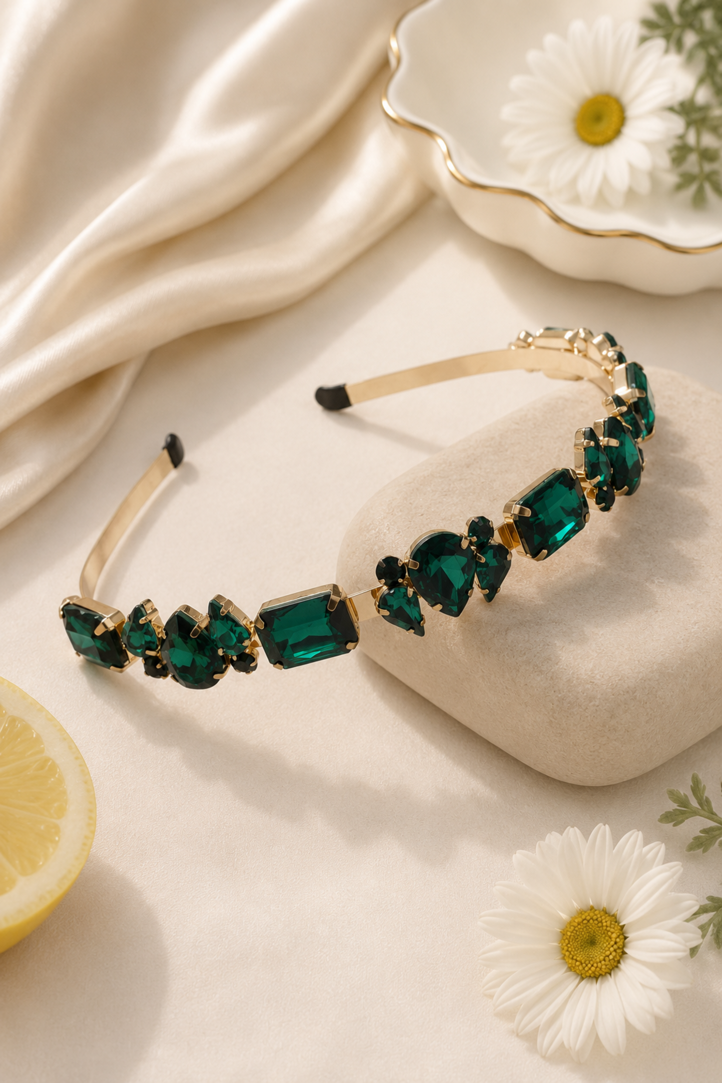 A gold metal headband decorated with multiple emerald-cut and round green gemstones, styled on a cream-colored stone with a cream satin cloth, white daisies, and a lemon slice.