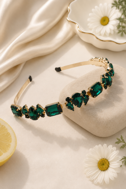 A gold metal headband decorated with multiple emerald-cut and round green gemstones, styled on a cream-colored stone with a cream satin cloth, white daisies, and a lemon slice.