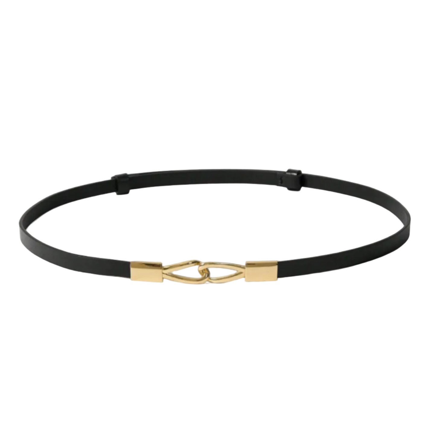 A minimalist black leather belt with a polished gold-tone metal buckle featuring a stylized knot design, displayed on a clean off-white background.
