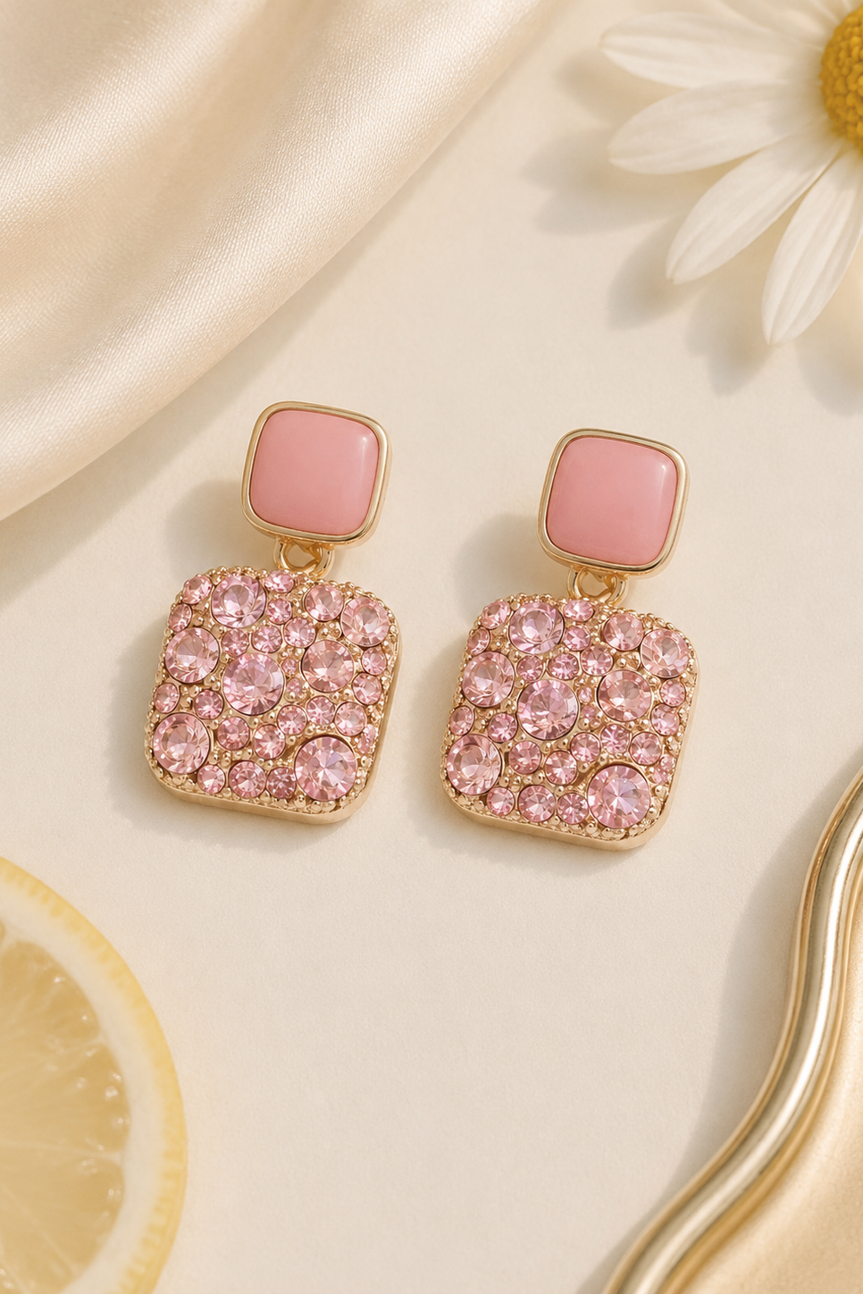 A pair of gold-tone drop earrings with square pink stone tops and larger pavé pink crystal square drops, styled on a cream satin surface with a daisy and lemon slice.