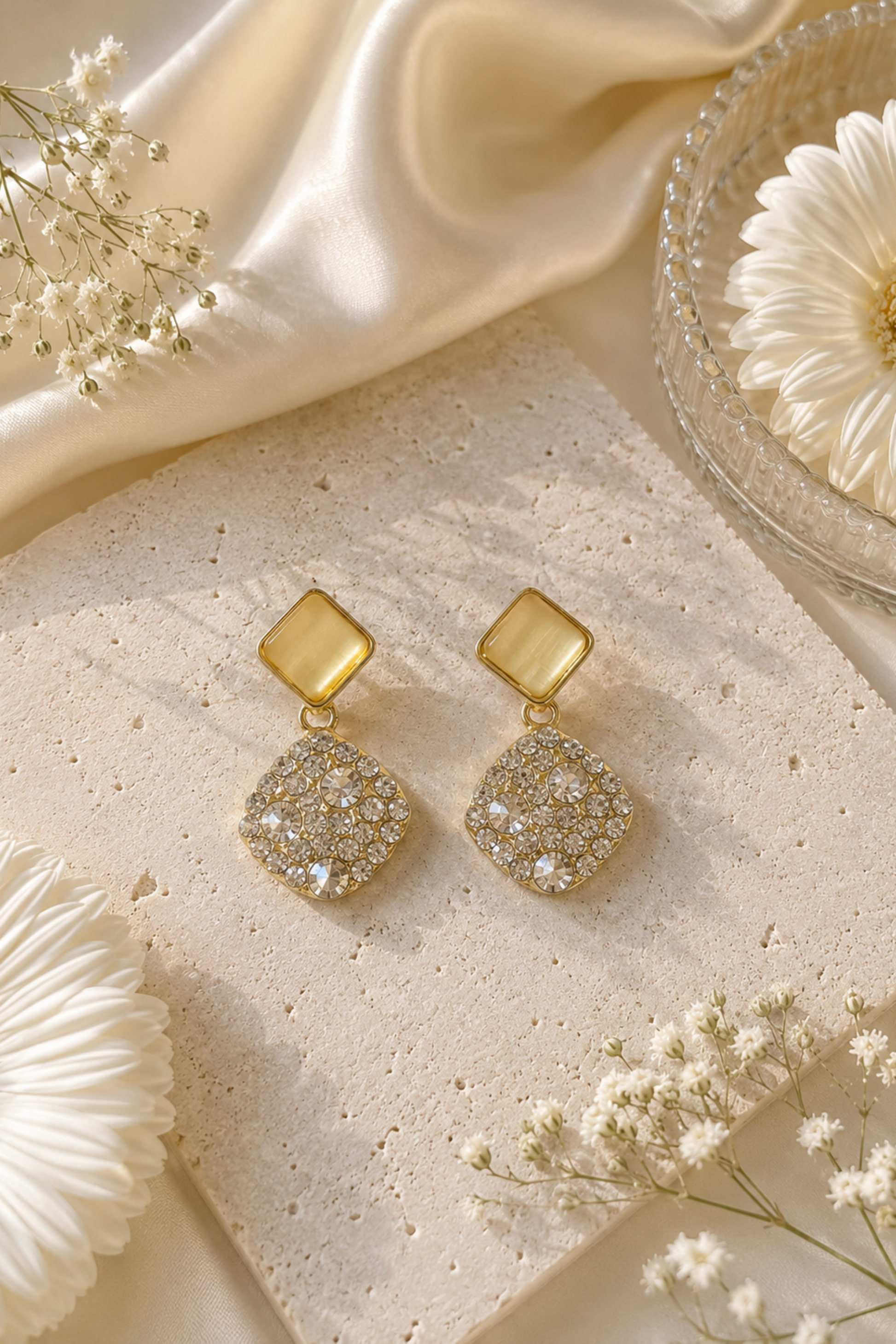 A pair of gold-toned drop earrings with square yellow-gold studs and square crystal-encrusted dangles, arranged on a textured beige stone slab with white flowers and draped satin in a styled flat-lay.
