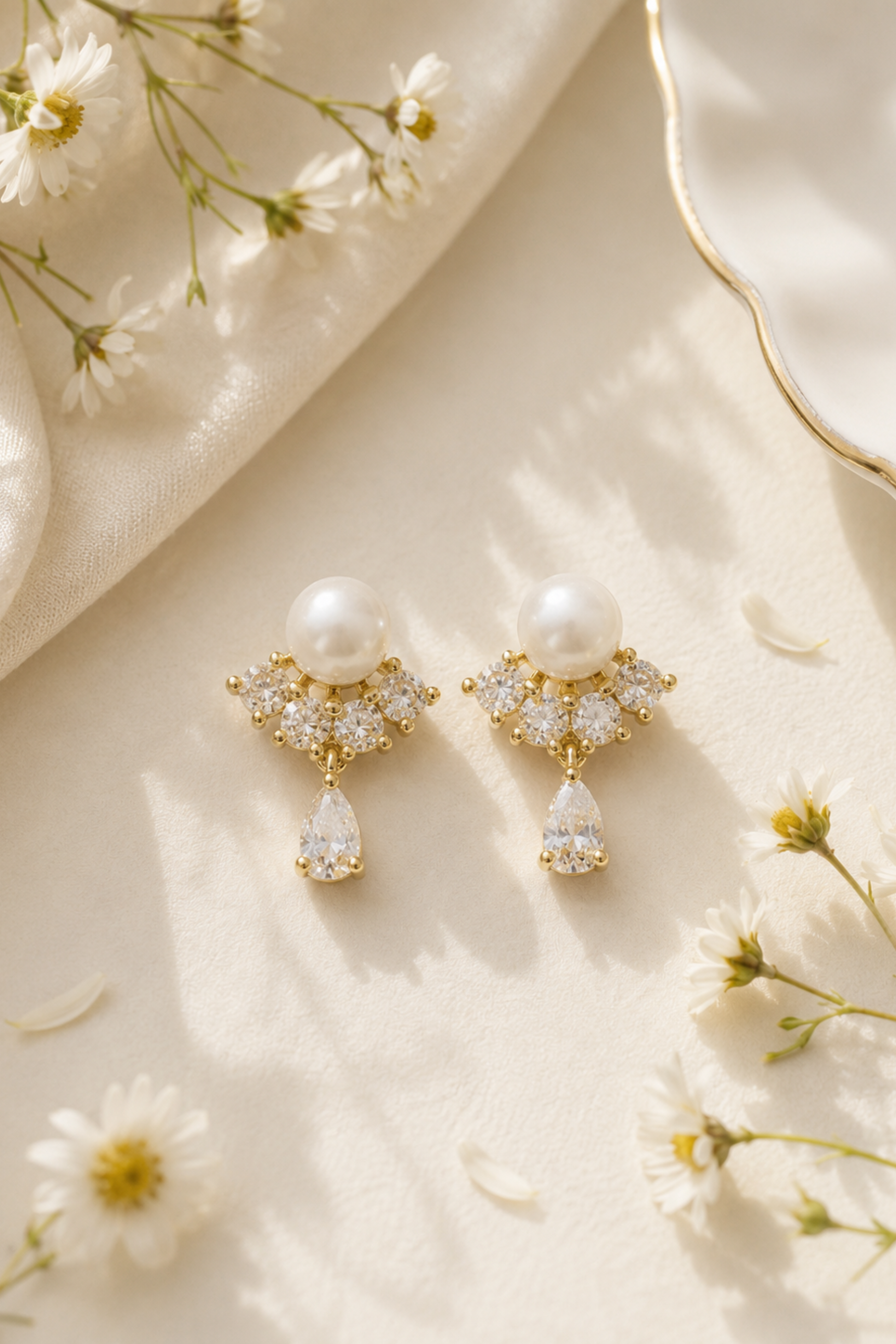 A pair of gold drop earrings with white pearls and clear crystal accents, styled on a cream satin fabric with white daisies.