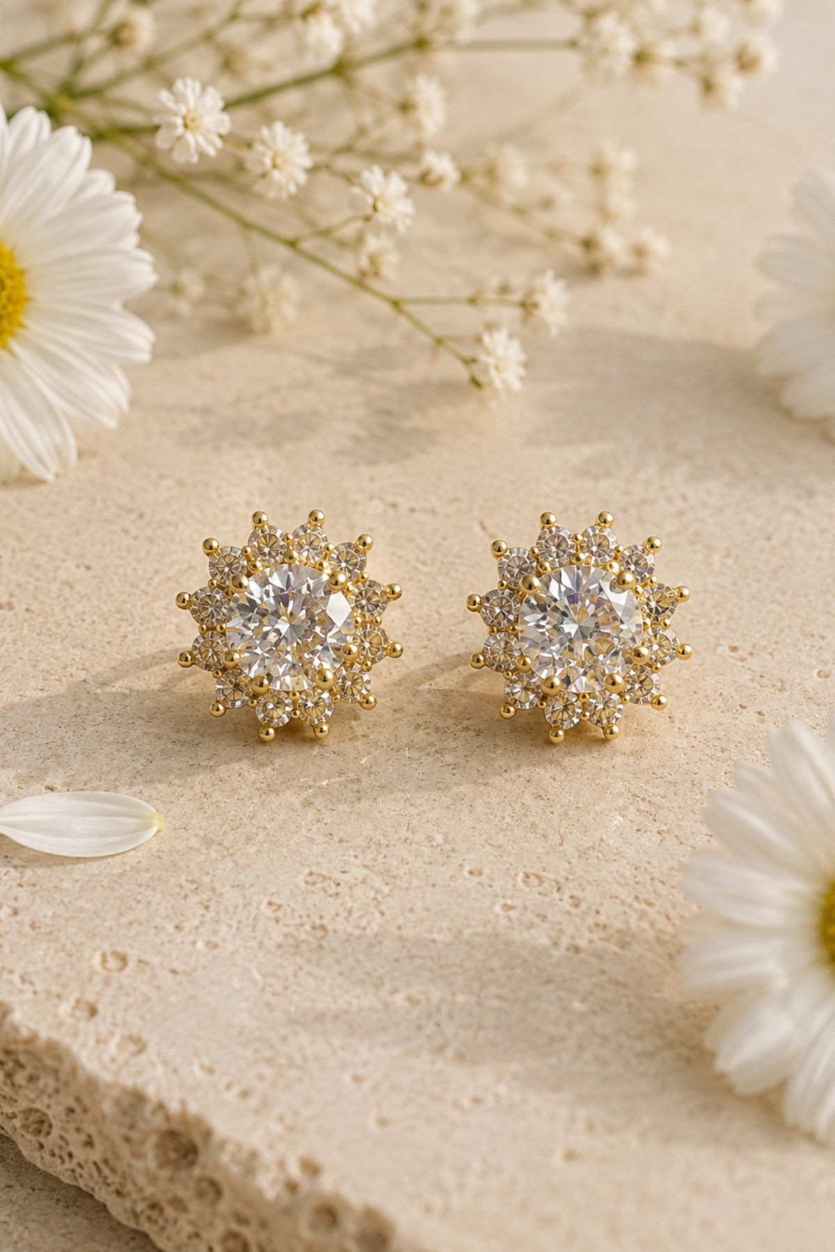 A pair of gold starburst stud earrings with clear gemstones, displayed on a textured beige stone surface with white daisies and baby's breath flowers.
