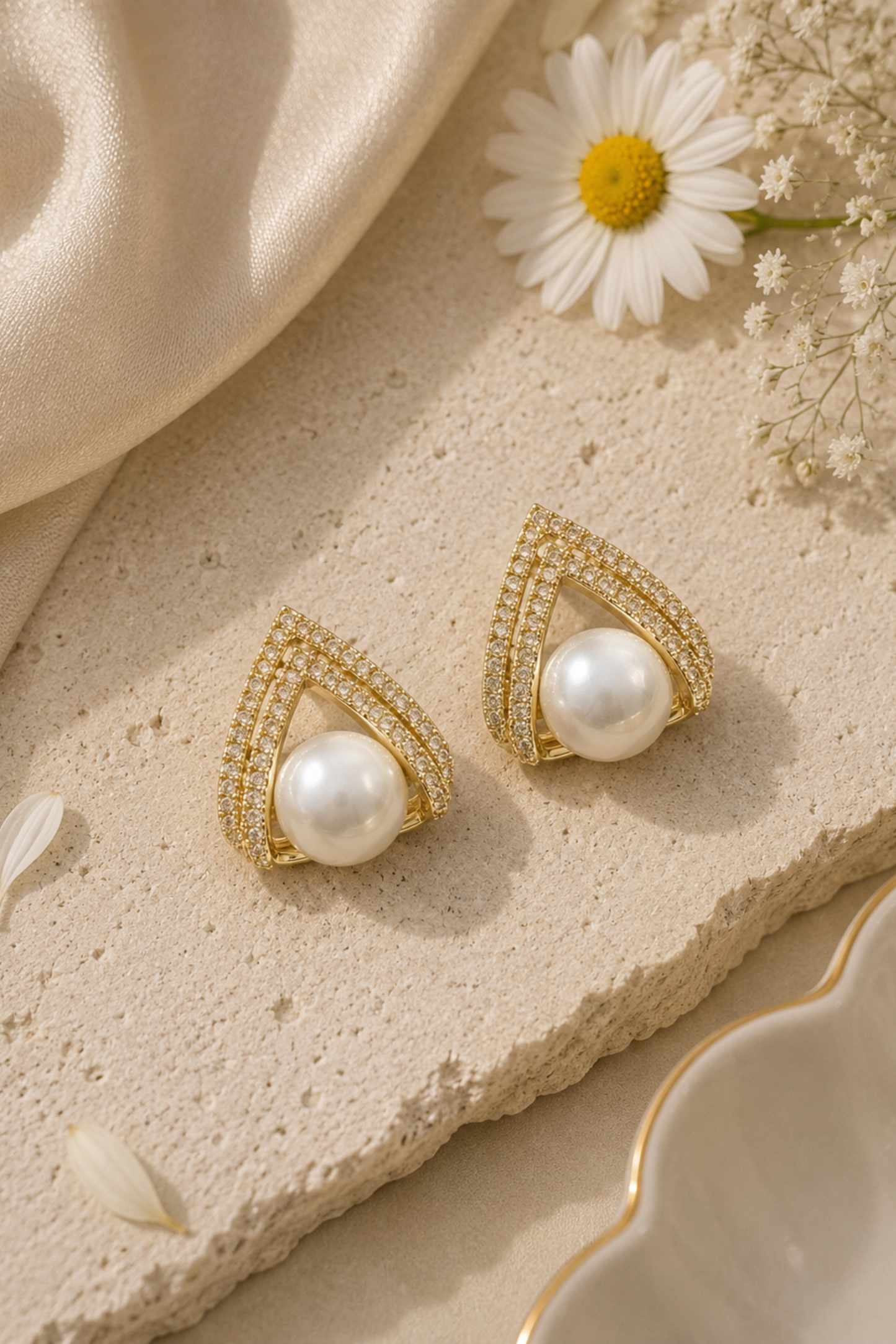 A pair of gold triangular stud earrings with a central white pearl and small clear stones, styled on a textured beige stone surface with a white daisy flower and cream satin fabric.