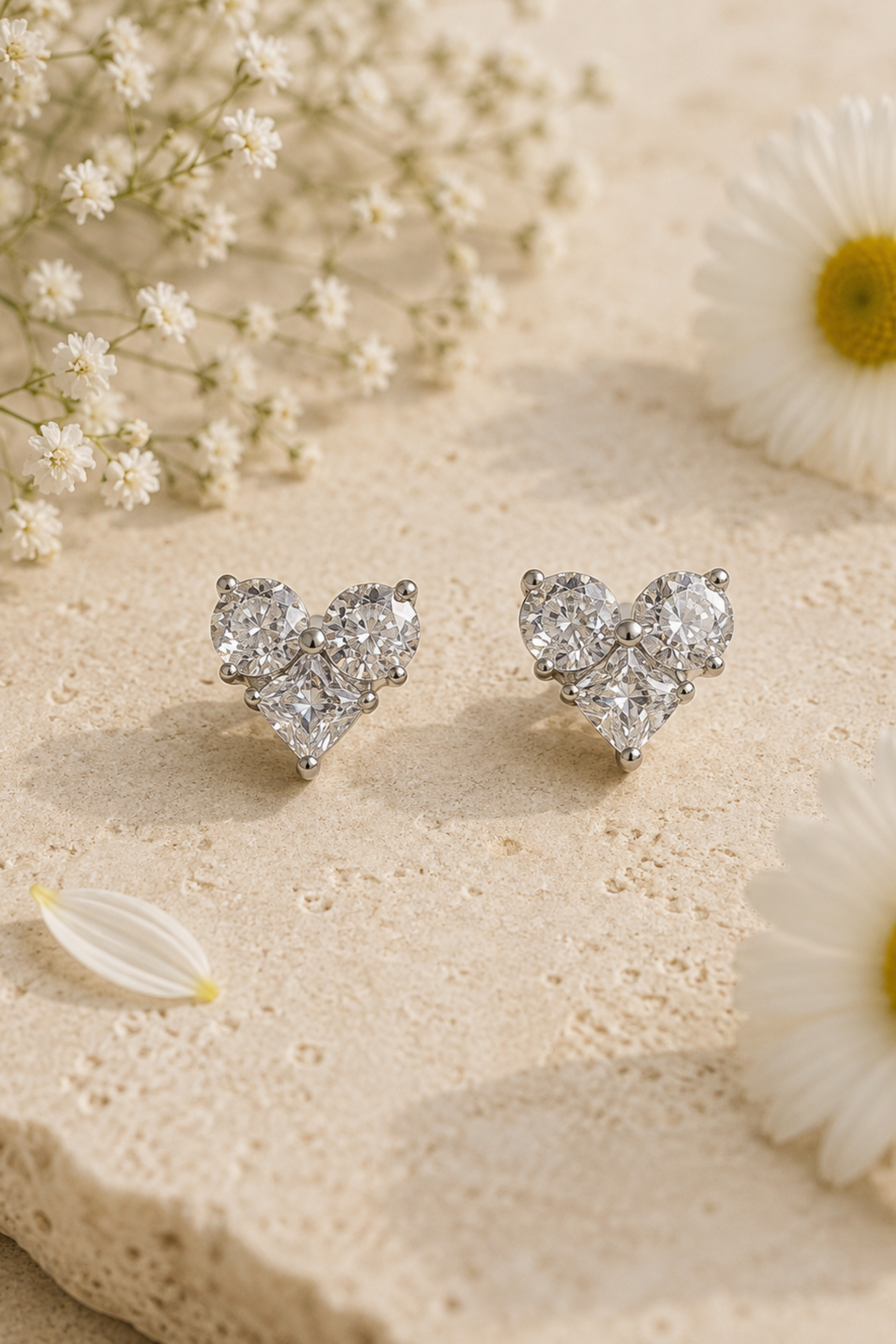 A pair of heart-shaped stud earrings with sparkling clear gemstones in a silver-toned setting, displayed on a textured beige stone surface with white flowers and a petal around them.