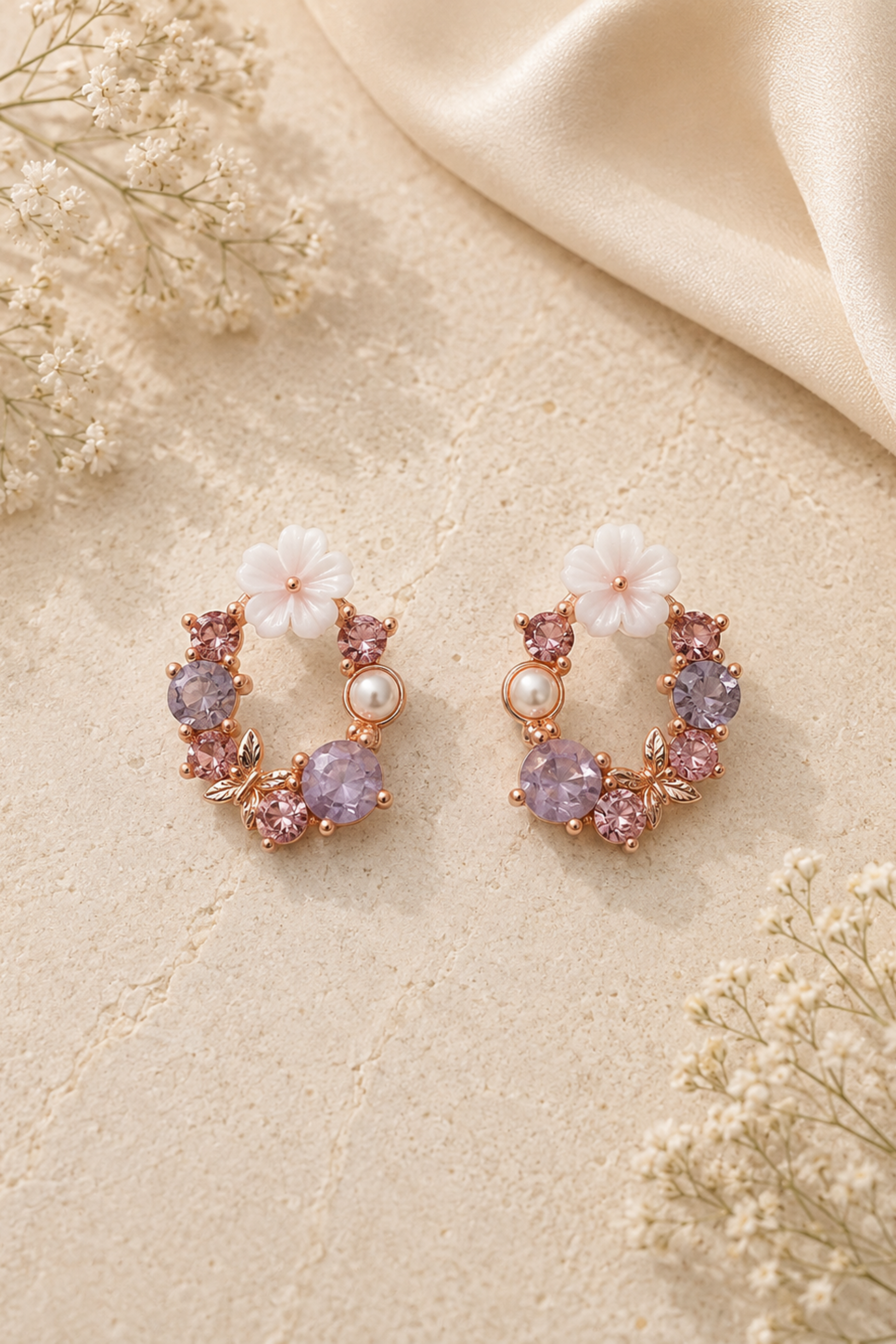 A pair of rose gold huggie hoop earrings decorated with pink and lavender gemstones, white faux flowers, and small pearl accents, displayed on a textured beige surface with dried flowers and cream satin fabric.