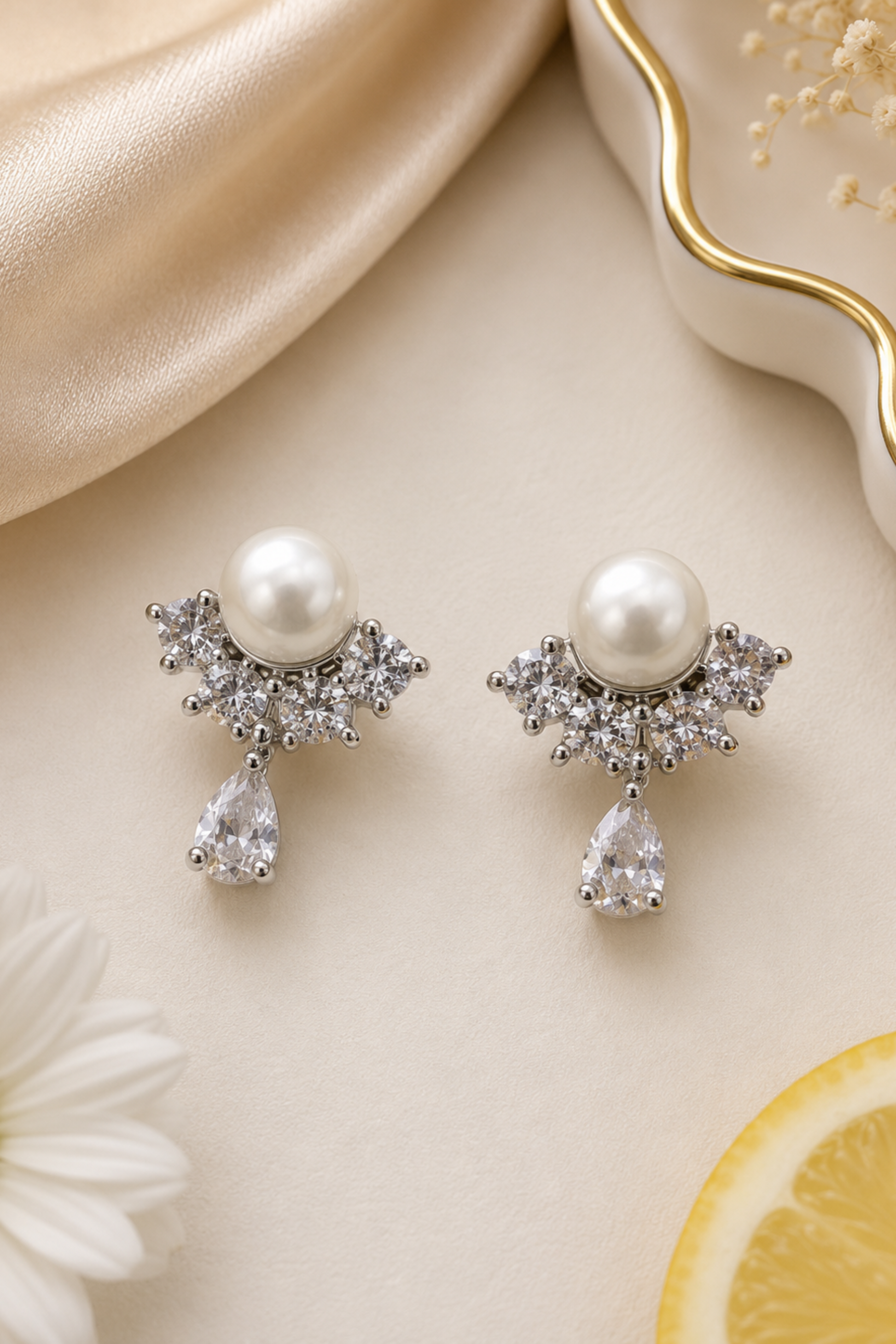 A pair of silver-toned drop earrings featuring a white pearl, a cluster of clear crystals, and a teardrop-shaped clear crystal pendant, displayed on a beige surface with decorative props.