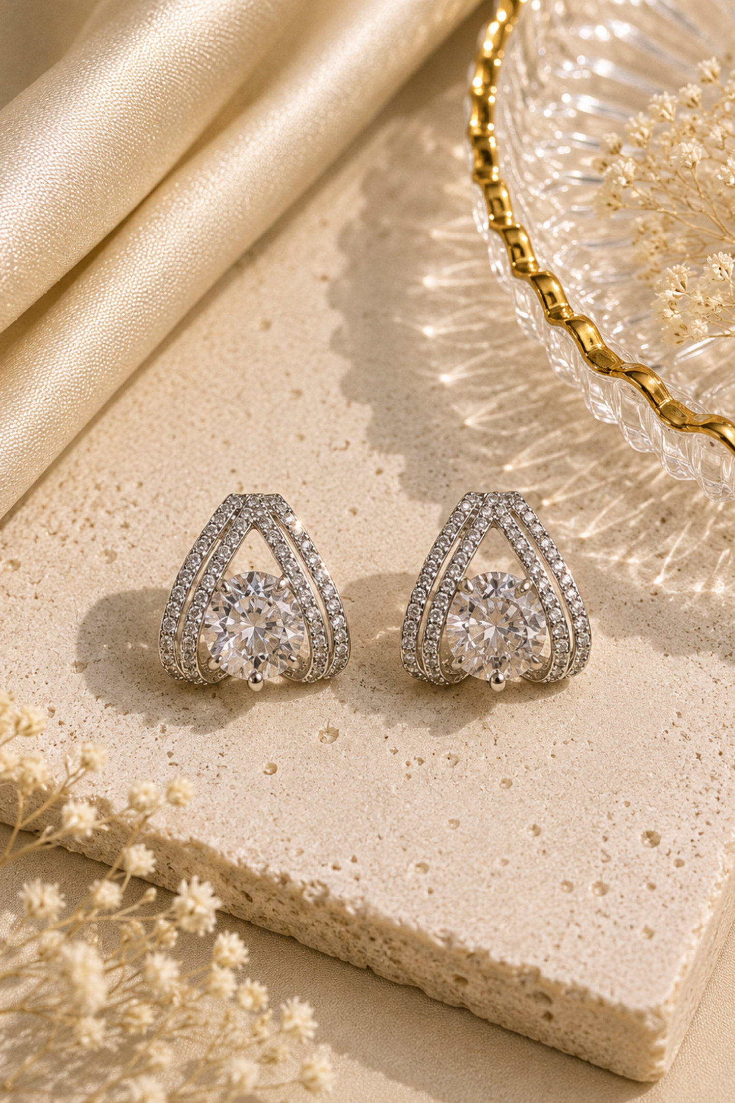 A pair of silver-toned teardrop-shaped stud earrings with clear pavé stones, displayed on a textured beige stone slab with gold-toned decorative props and dried flowers.