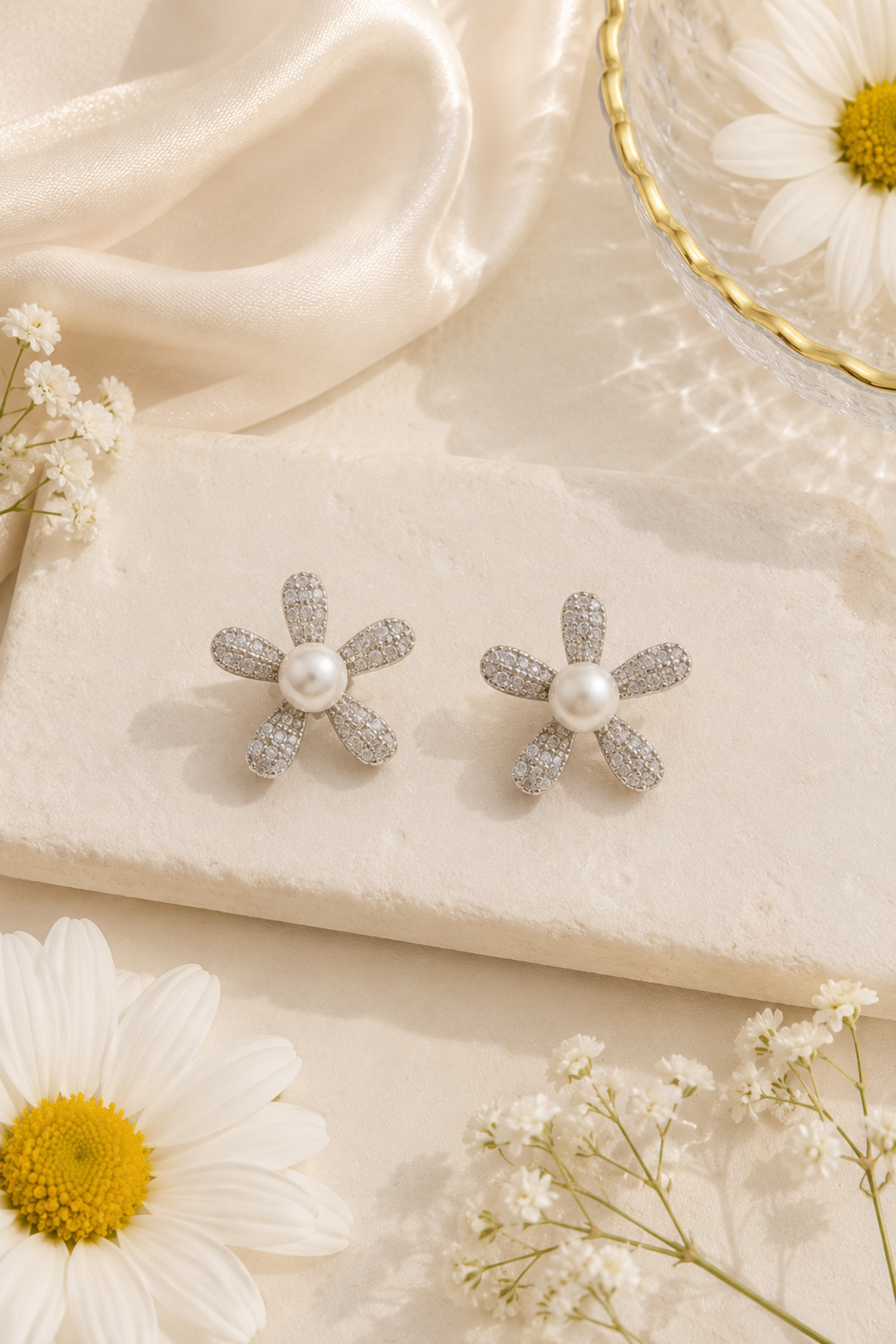 A pair of silver flower-shaped stud earrings with a central white pearl and pavé-set accents, displayed on a cream stone slab with white daisies and satin fabric.