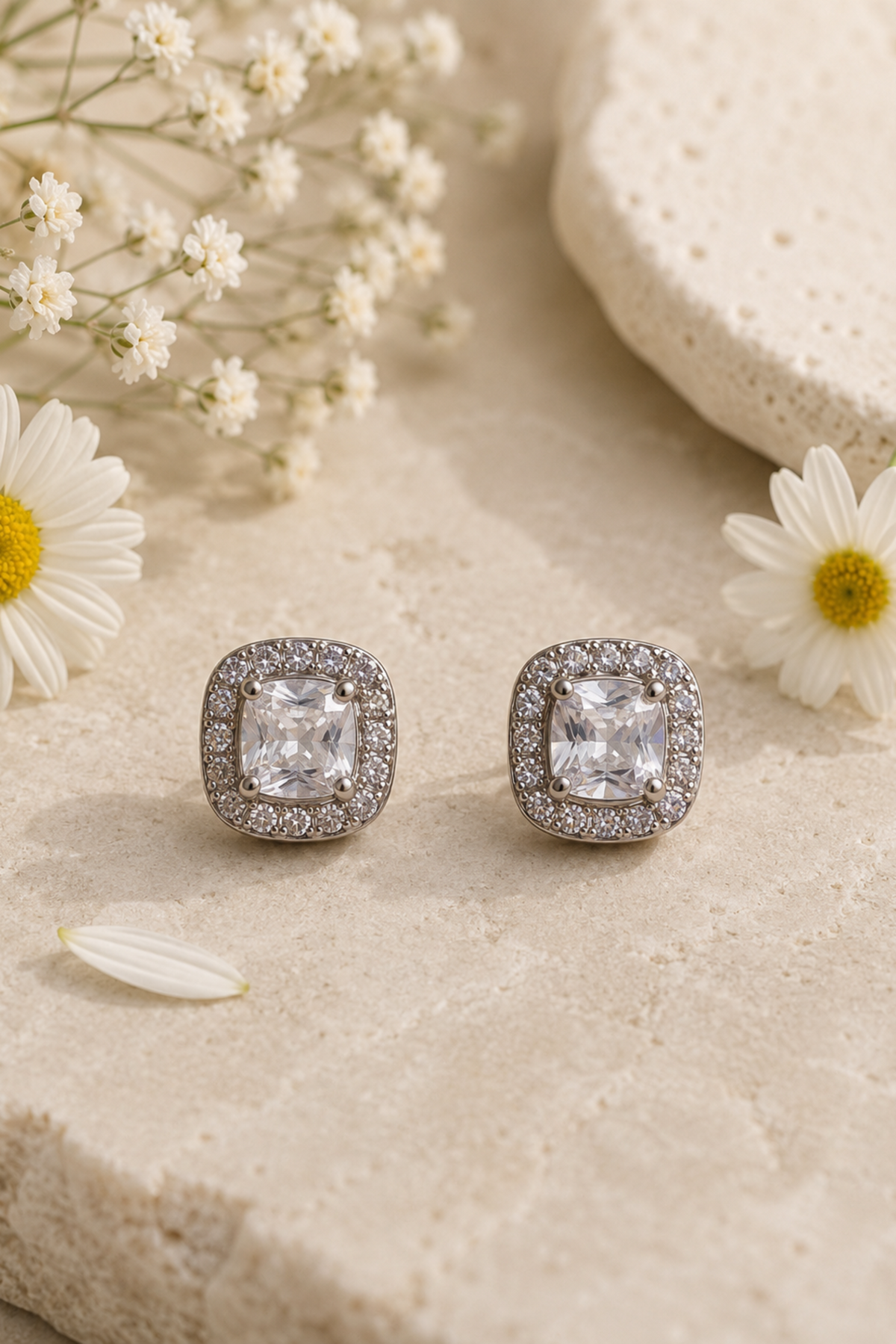 A pair of square halo stud earrings with clear stones, displayed on a textured beige stone slab with white daisies and dried flowers.