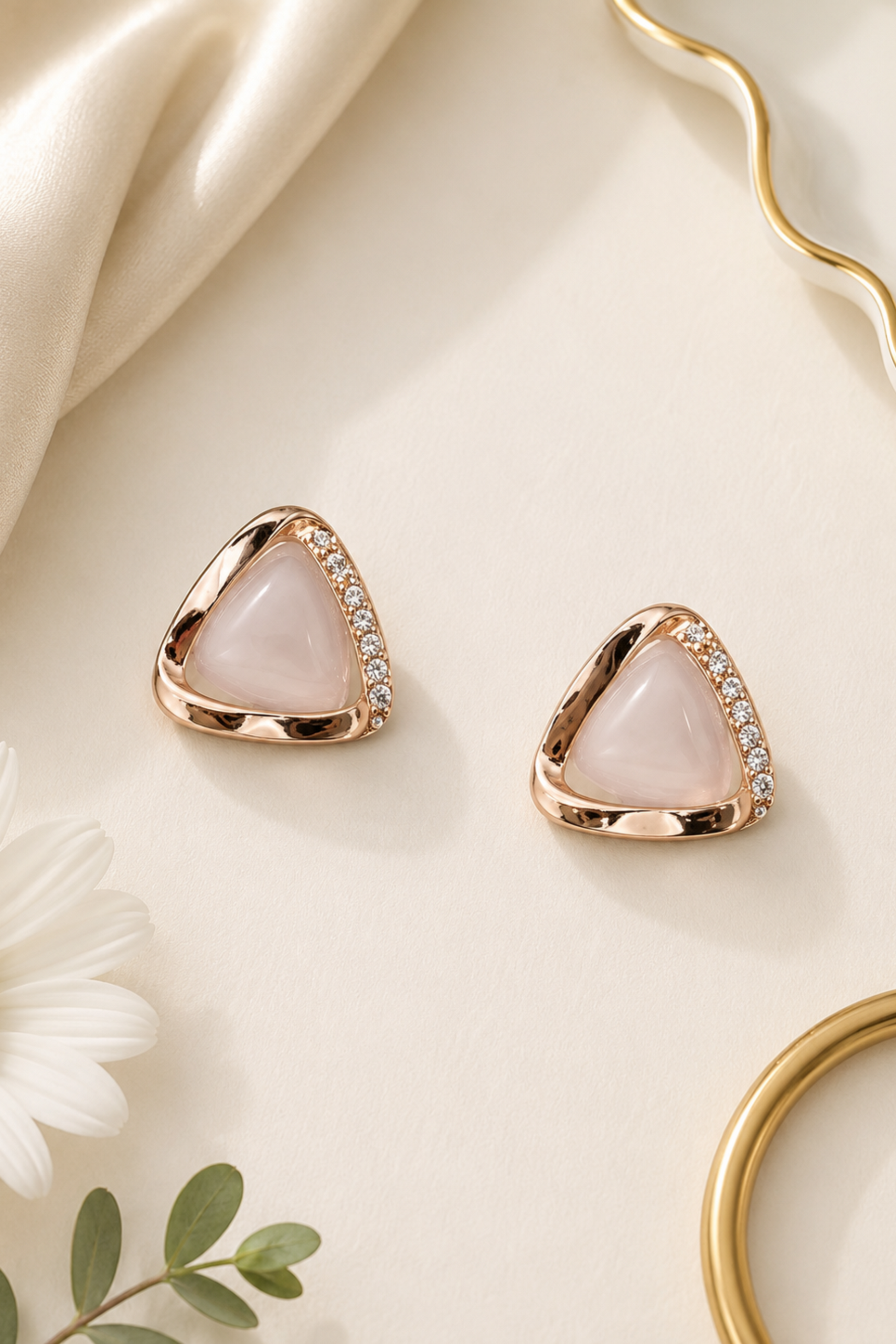 A pair of triangular stud earrings with pale pink stone centers and rose gold borders accented with small clear stones, styled on a cream surface with satin fabric, a daisy flower, and gold-toned props.