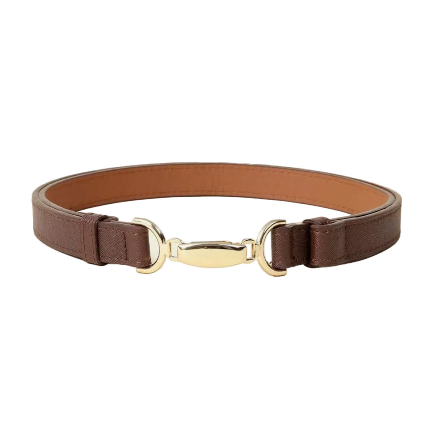 A slim brown leather belt with a polished gold-tone metal buckle, displayed on a light beige background.