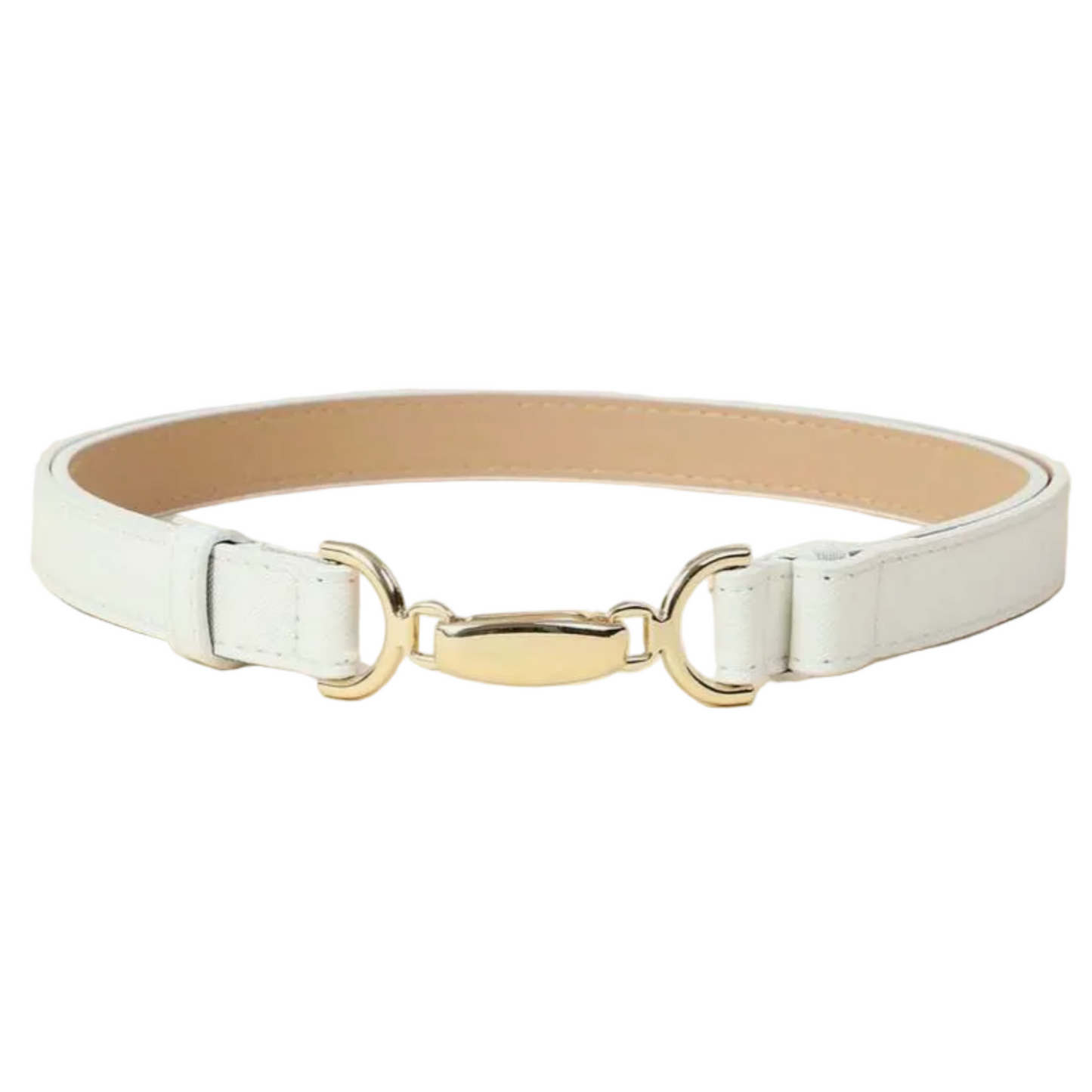A slim white leather belt with a polished gold-tone metal D-ring and buckle closure, displayed on a light beige textured background.