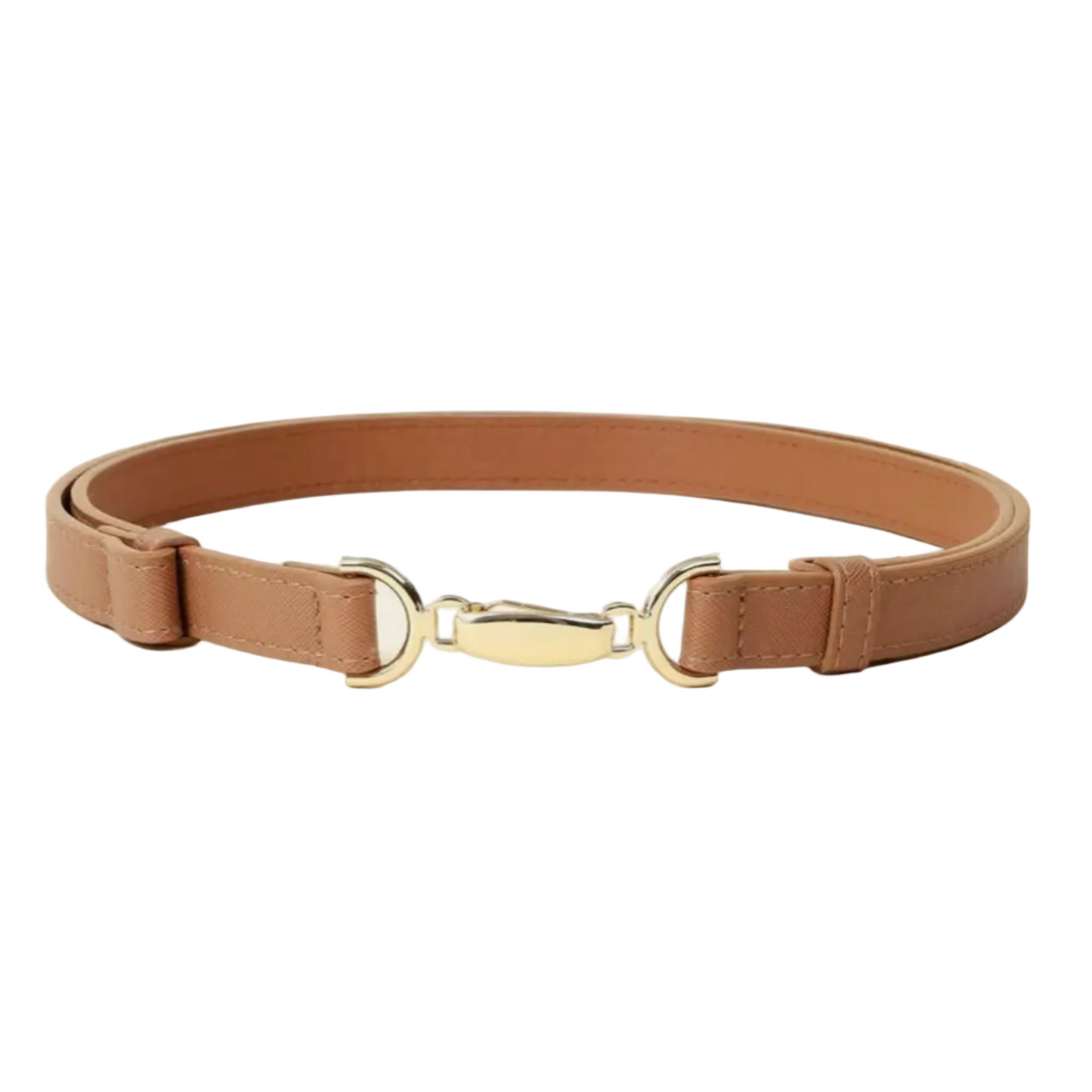 A tan leather belt with a gold-tone snap button closure and matching gold-tone hardware, displayed on a light beige background.