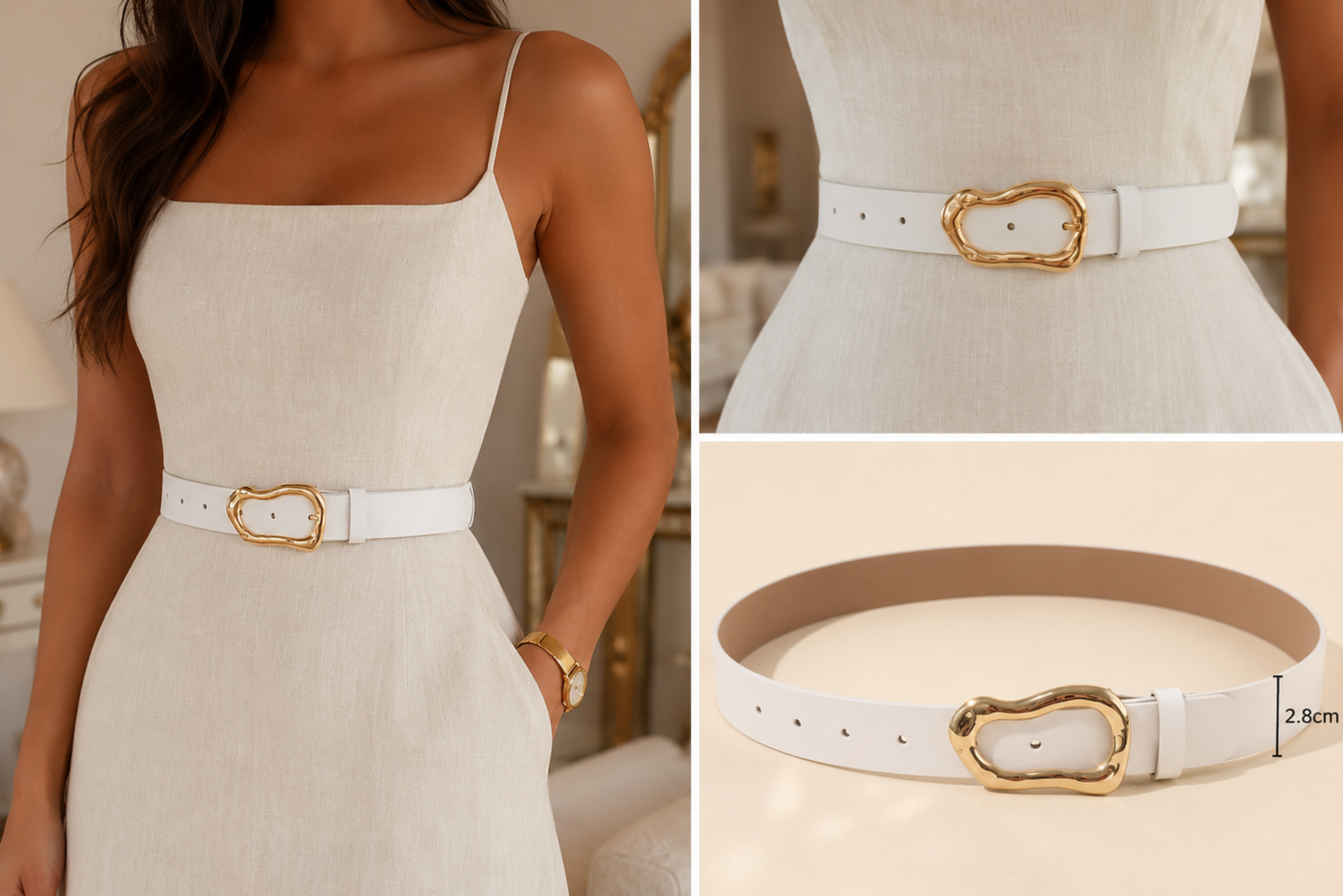 A white slim belt with a gold-tone decorative buckle, shown worn at the waist on a model and in a close-up product view. A small size marker indicates the belt is 2.