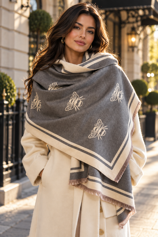 A woman outdoors wearing a large gray and cream shawl with embroidered bees and fringed edges over a cream coat.