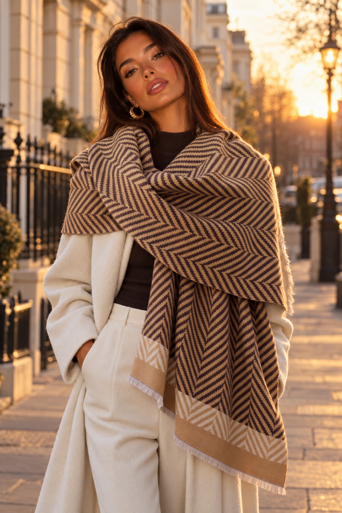 A woman standing on a city sidewalk at sunset, wrapped in a large brown and beige herringbone patterned scarf or shawl over a cream coat and white trousers.