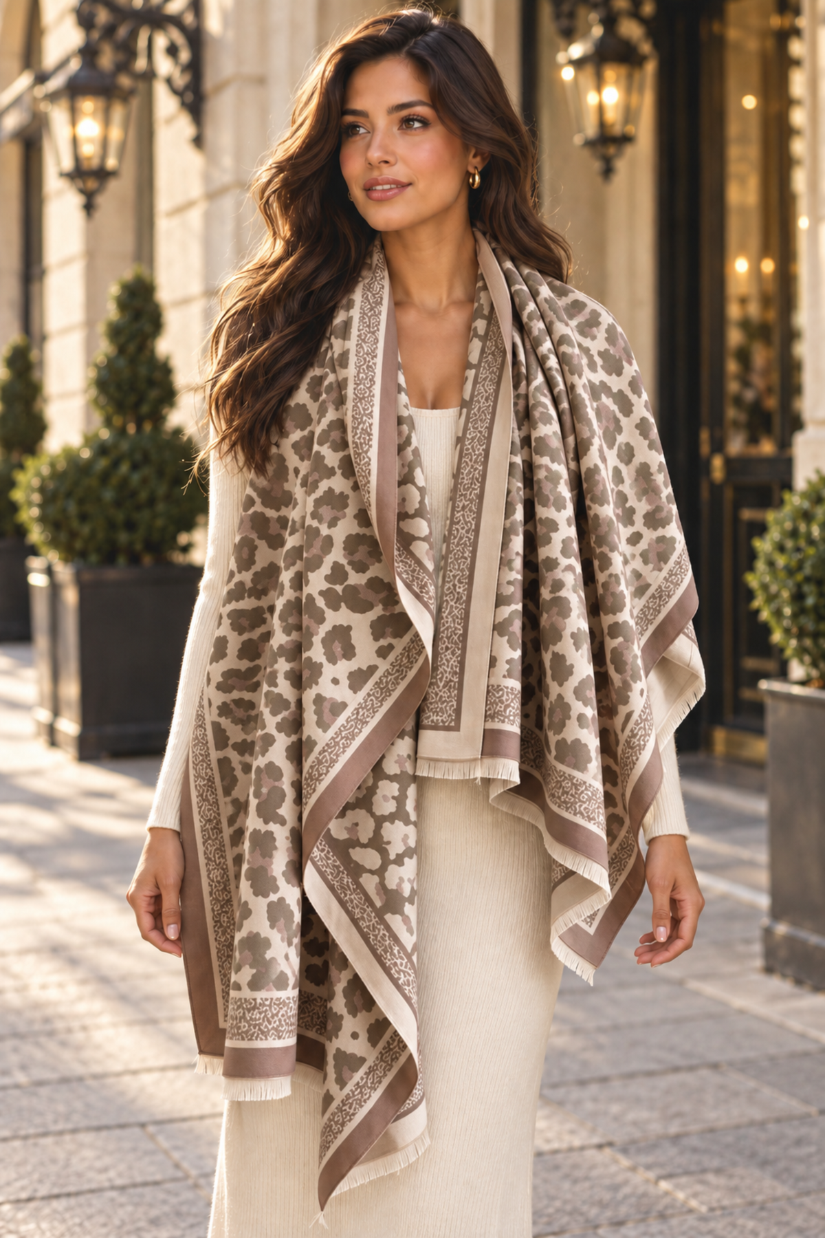 A woman wearing a beige and brown leopard-print shawl over a cream dress, standing on a city sidewalk in front of a building with lit lanterns.