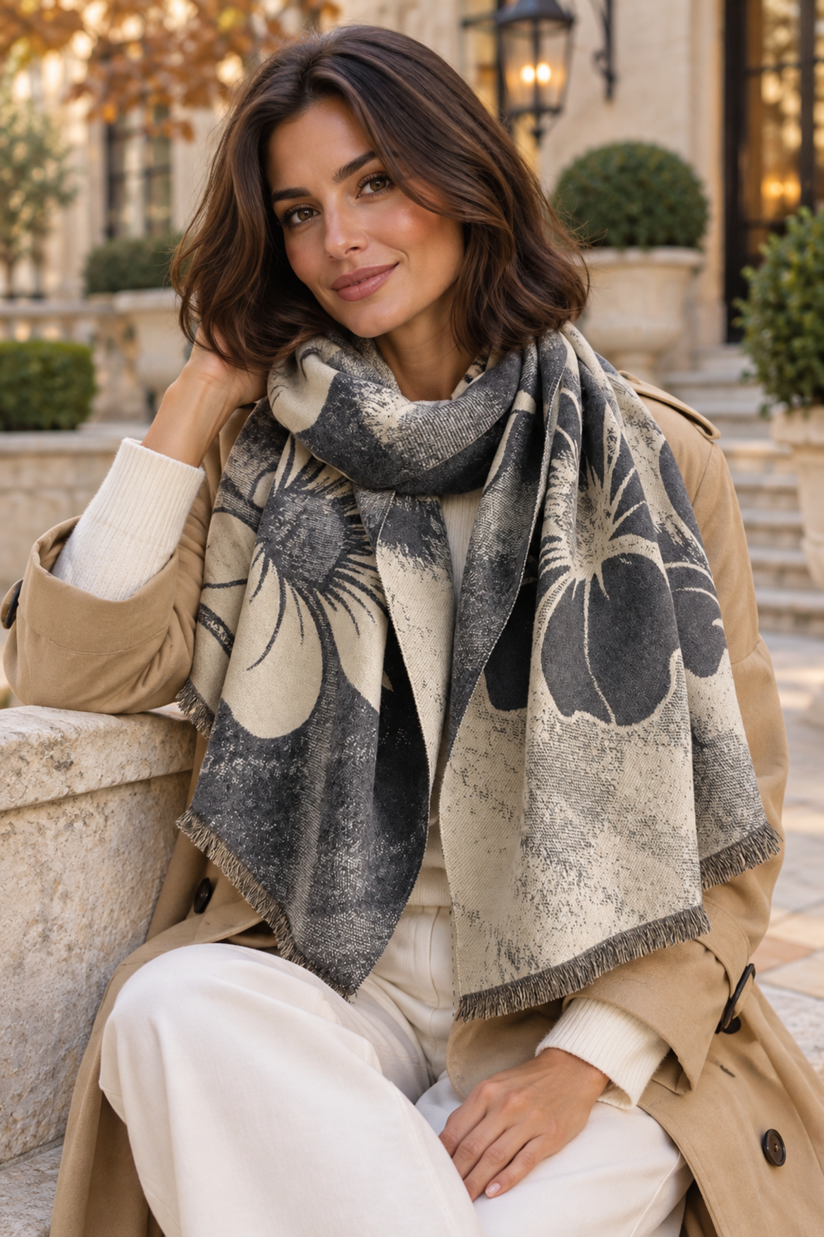 A woman wearing a beige trench coat and white pants sits outdoors, draped with a large fringed scarf featuring a distressed floral pattern in beige, gray, and black.