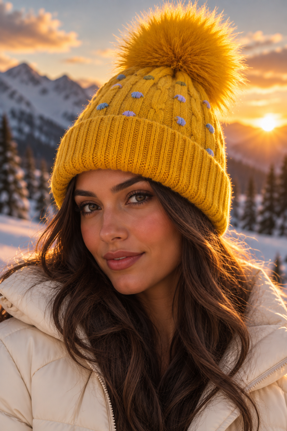 A woman wearing a bright yellow cable-knit beanie with a large matching pom-pom and small blue embroidered accents, photographed outdoors in a snowy mountain landscape at sunset.