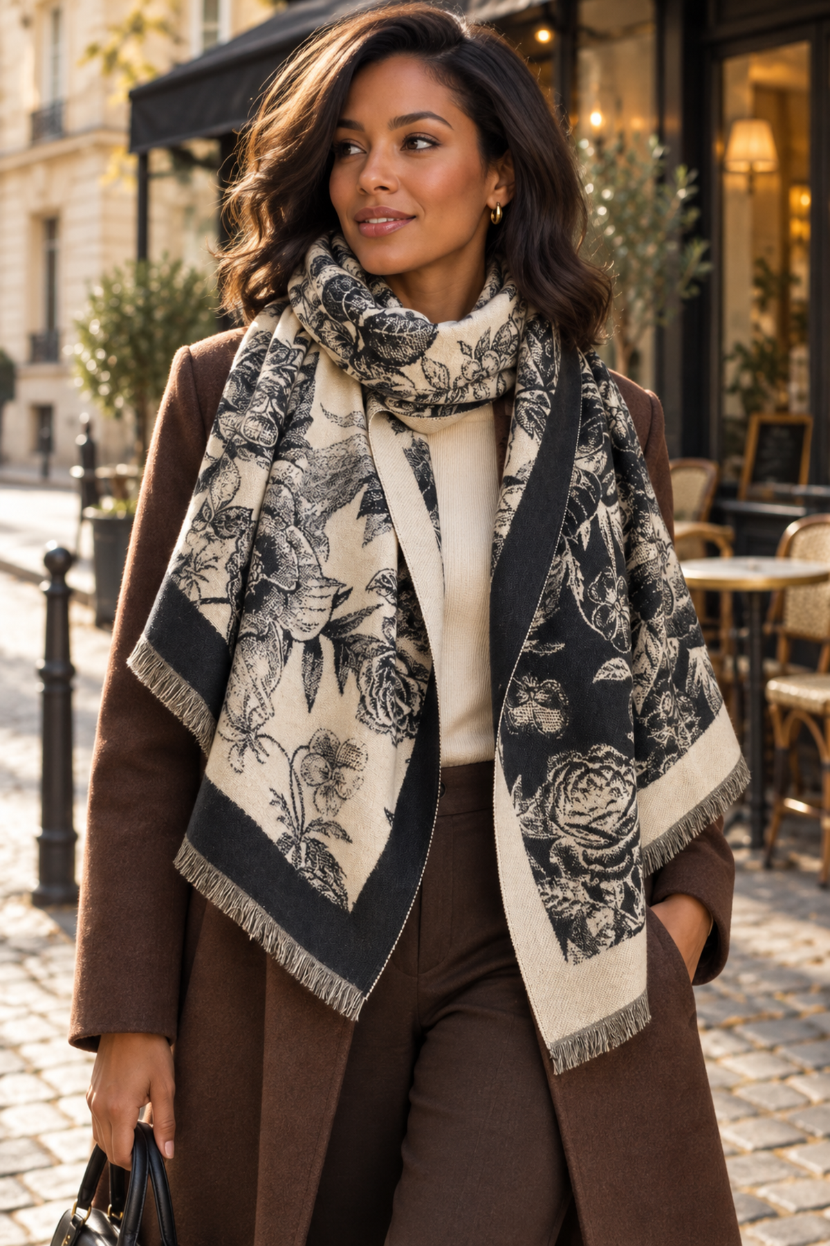 A woman wearing a brown coat and brown trousers models a large cream and black floral scarf with fringed edges on a cobblestone street.