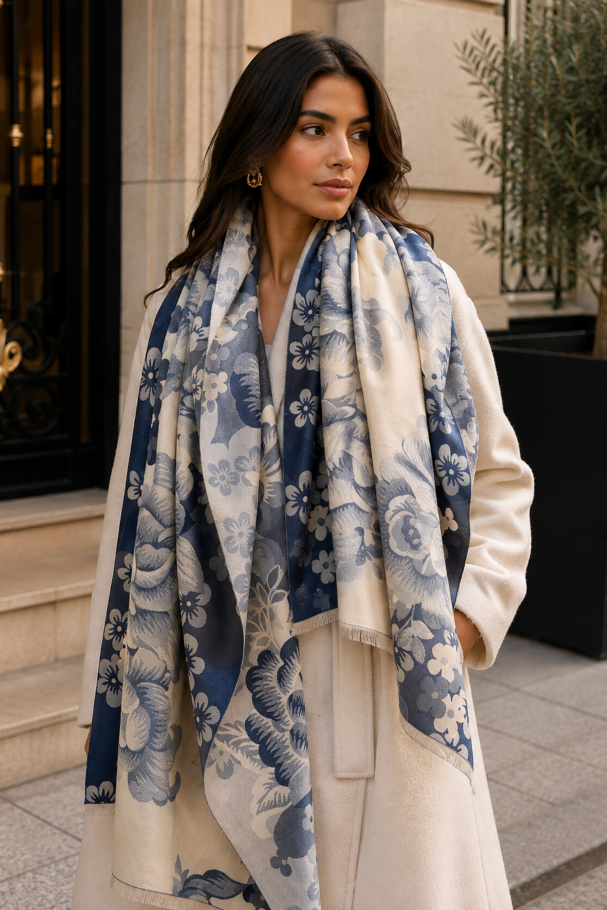 A woman wearing a cream-colored coat and a large navy blue and cream floral scarf, standing outdoors in front of a building entrance.