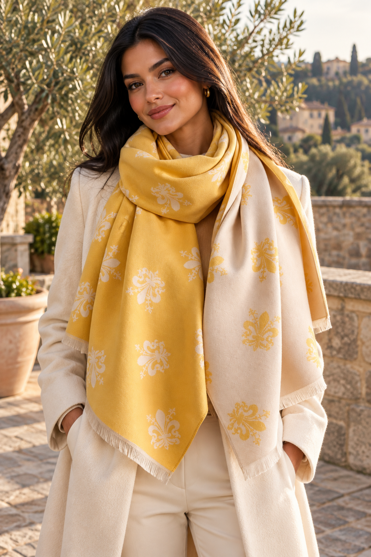 A woman wearing a cream-colored coat and trousers with a large mustard yellow and cream patterned scarf draped around her neck, set against an outdoor background of olive trees and stone walls.