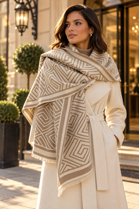 A woman wearing a cream coat and a beige and cream geometric patterned scarf, standing outdoors in front of a building entrance.