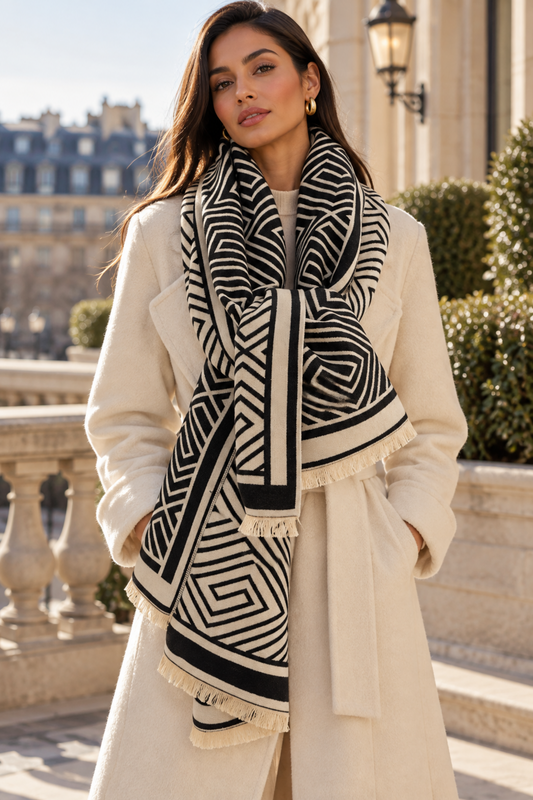 A woman wearing a cream coat and a black and cream geometric patterned scarf, standing outdoors in front of a stone building.