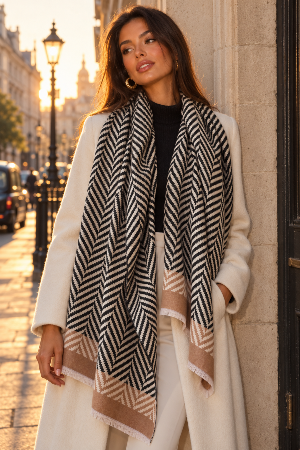 A woman wearing a cream coat and a black, beige, and white herringbone patterned scarf with fringed edges, standing on a city street at sunset.