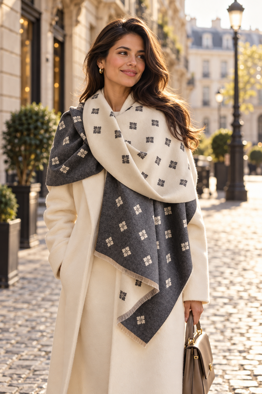 A woman wearing a cream coat and a large patterned scarf in cream and dark gray, standing on a cobblestone street.