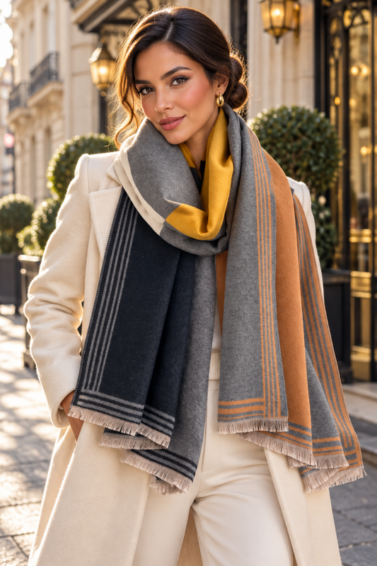 A woman wearing a cream coat and trousers models a multi-colored scarf with fringed edges. The scarf features a large gray section, a dark navy section with white stripes, a mustard yellow accent, and a camel brown section with orange stripes.