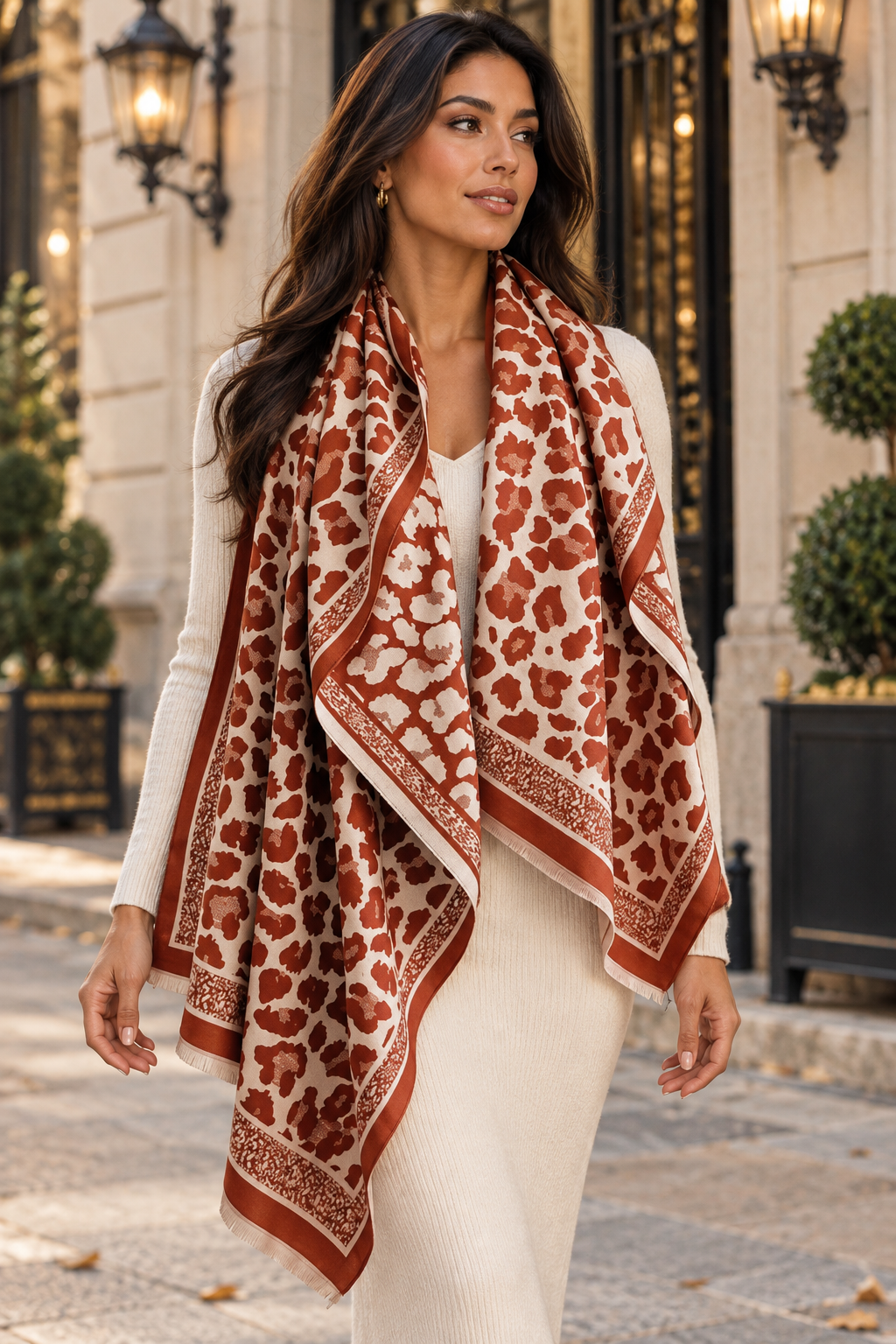 A woman wearing a cream ribbed knit dress and a rust-brown and cream leopard-print scarf with a patterned border, standing outdoors in front of a building with warm wall lights.