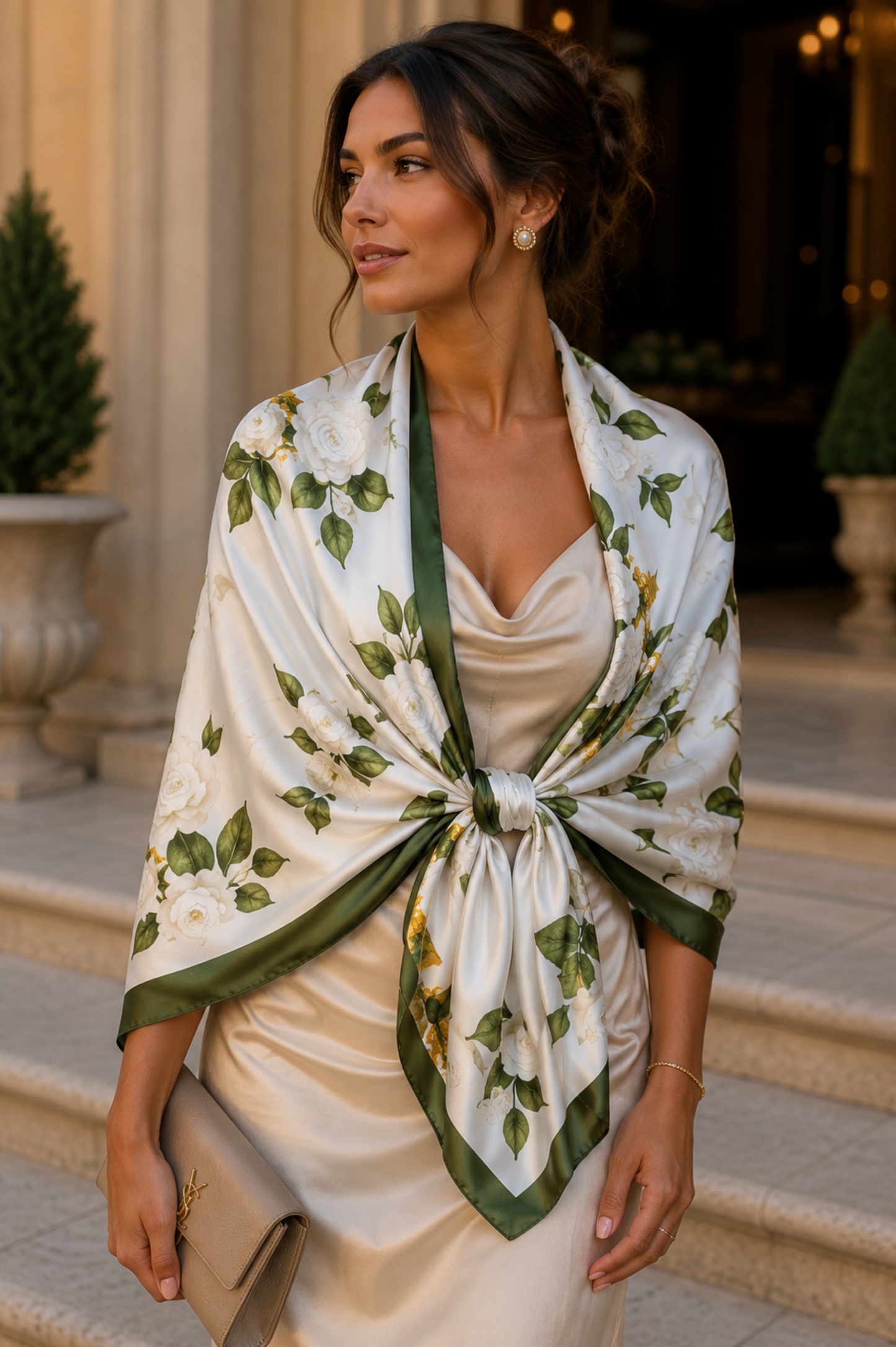 A woman wearing a cream satin dress and a matching cream silk shawl with green floral patterns and a dark green border, tied at the waist. She is standing on stone steps in front of a building.