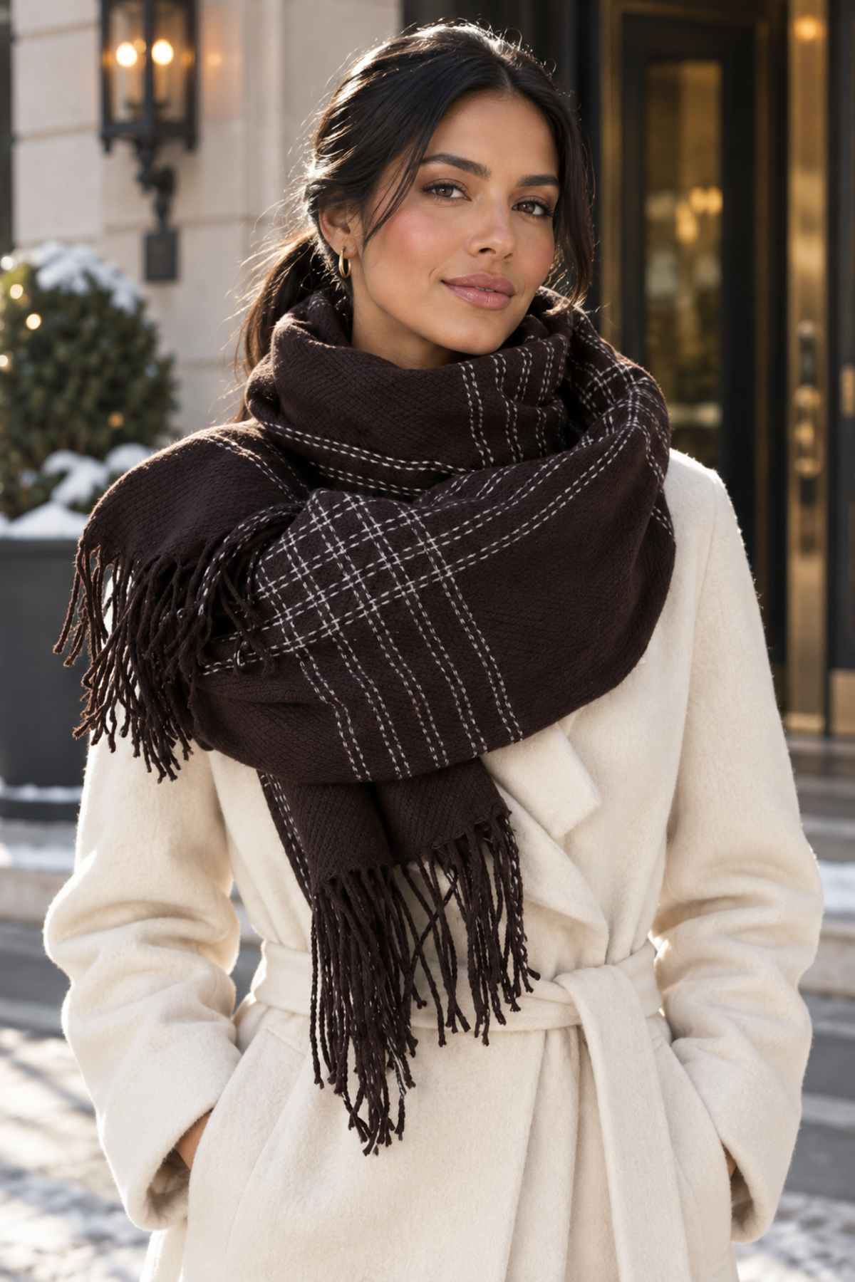 A woman wearing a dark brown scarf with a plaid pattern and fringe, paired with a cream-colored coat, standing outdoors in front of a building.