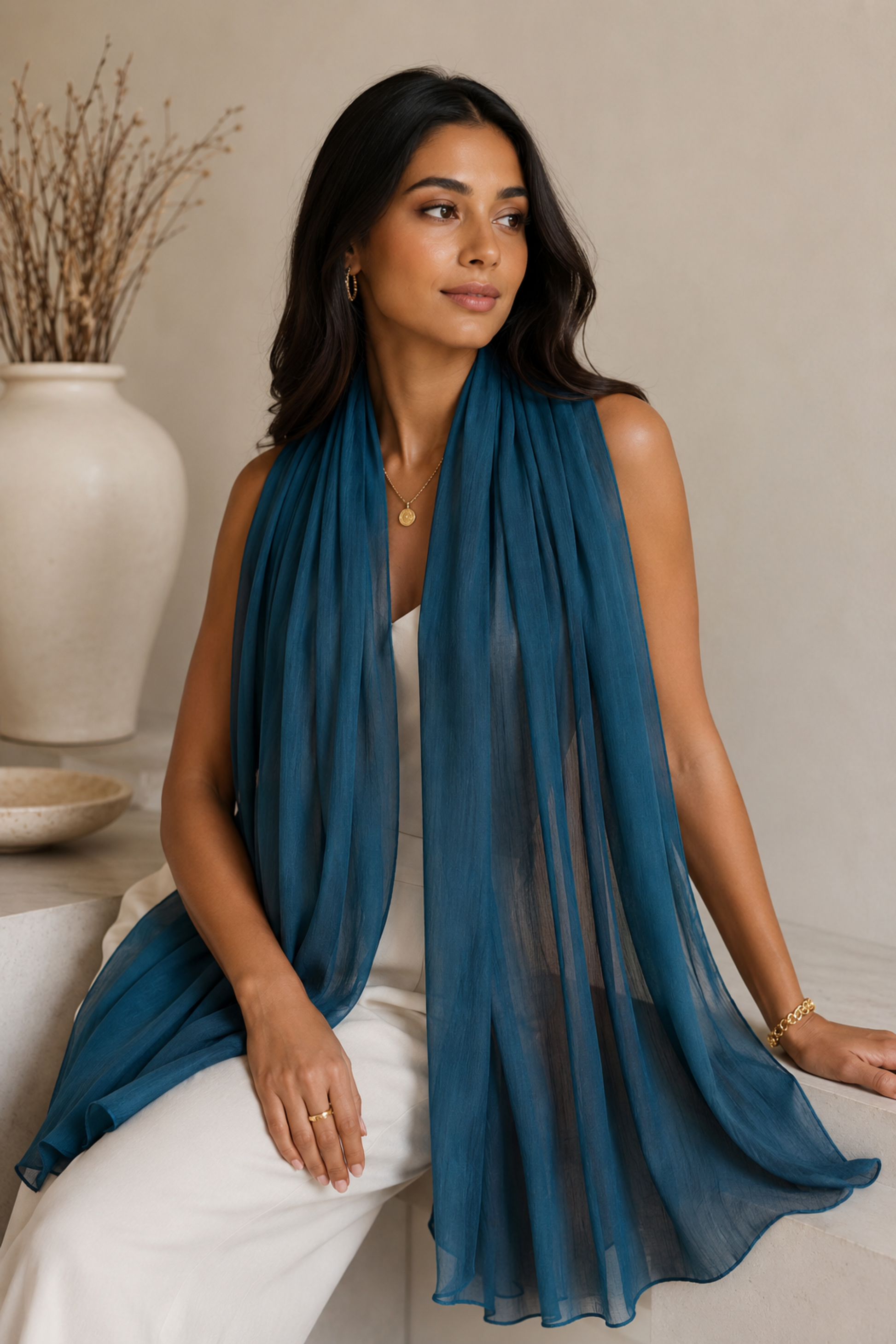 A woman wearing a flowing teal blue sheer scarf draped over her shoulders, paired with white pants, posed in a warm, neutral-toned indoor setting.