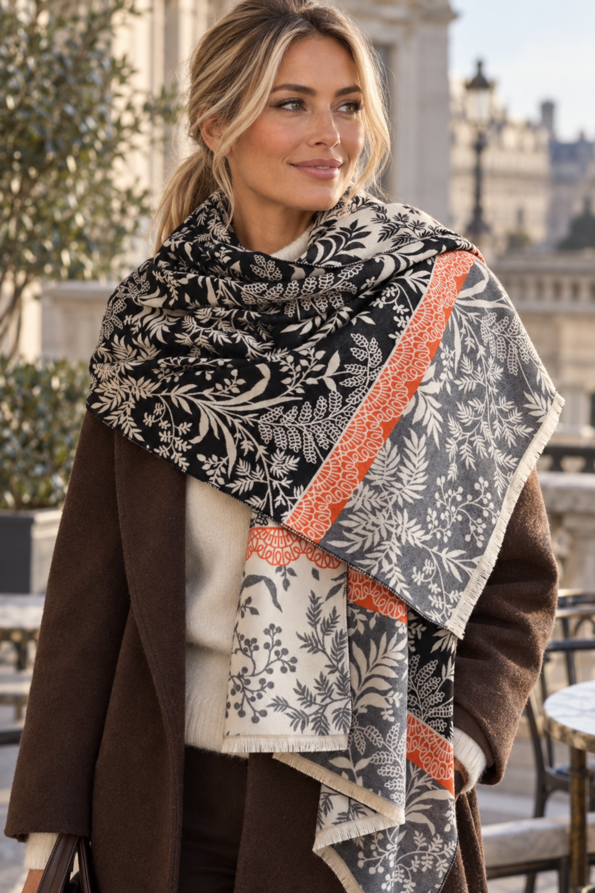 A woman wearing a large patterned shawl scarf with black, beige, and orange botanical designs, styled over a brown coat and cream sweater in an outdoor setting.