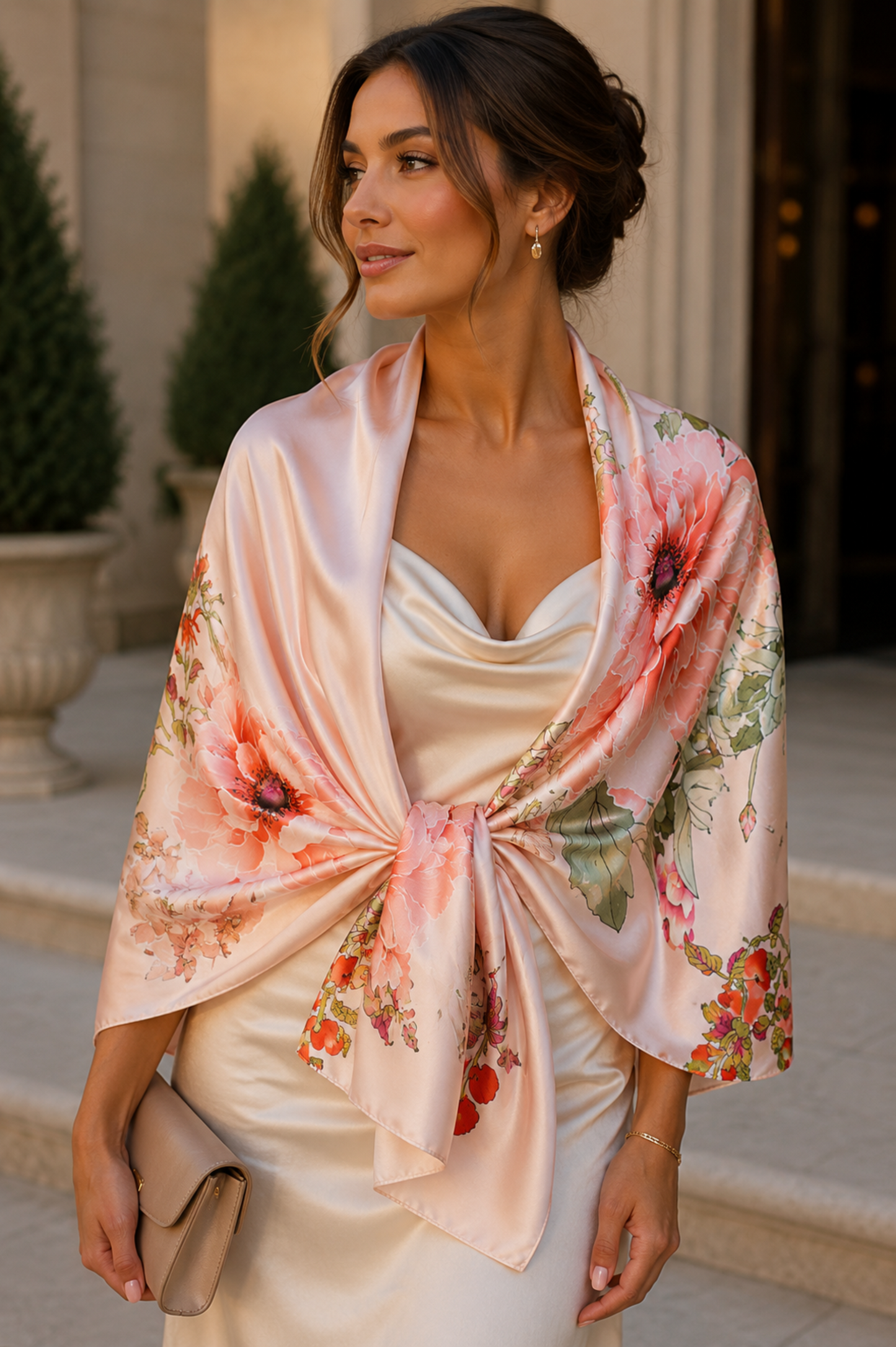 A woman wearing a light blush pink satin shawl with a vibrant floral print, tied around her waist over a cream satin dress. She is holding a beige clutch and standing in front of a classical stone building entrance.