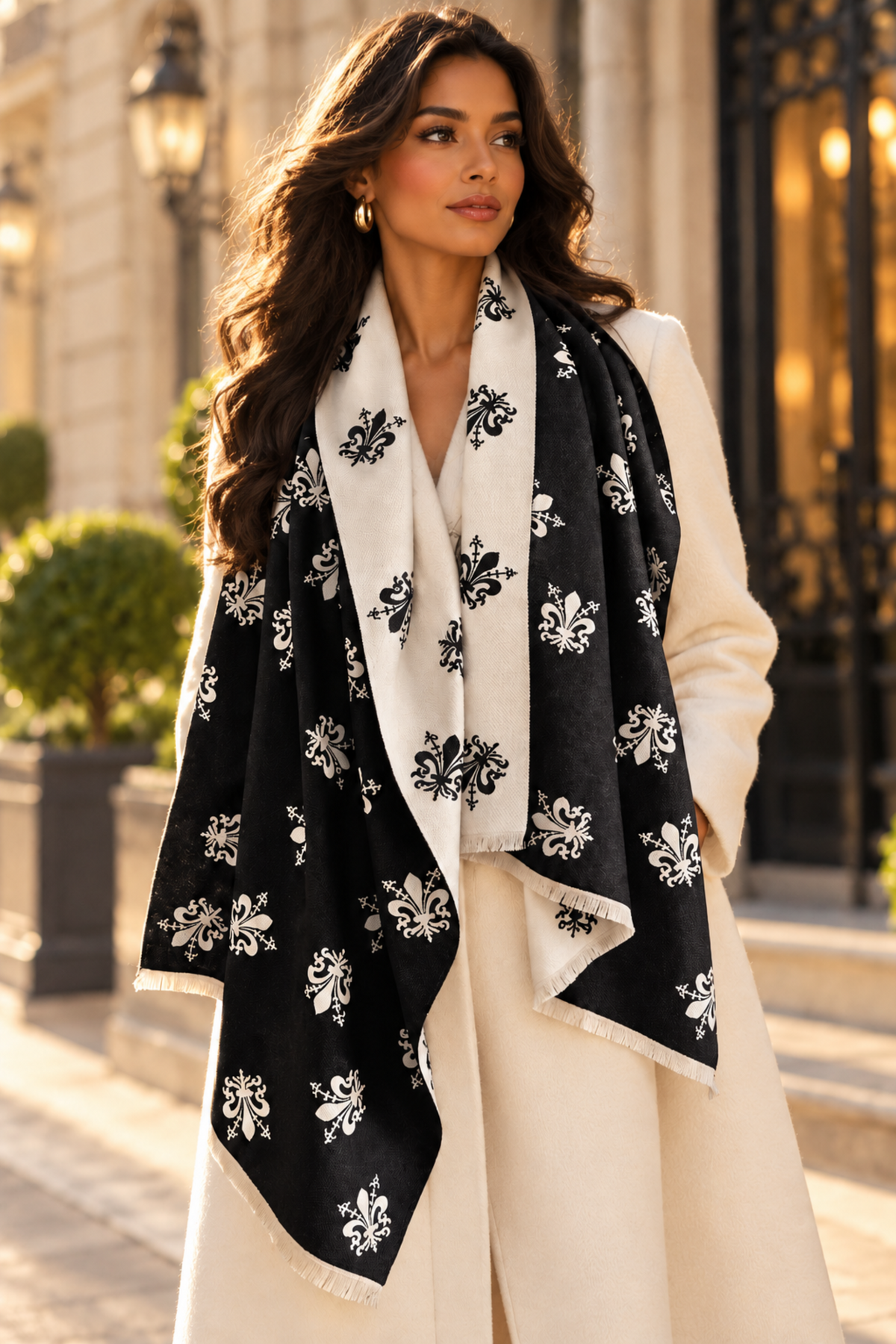 A woman wearing a long black and white patterned scarf draped over a cream coat, standing outdoors in front of a softly blurred building facade.