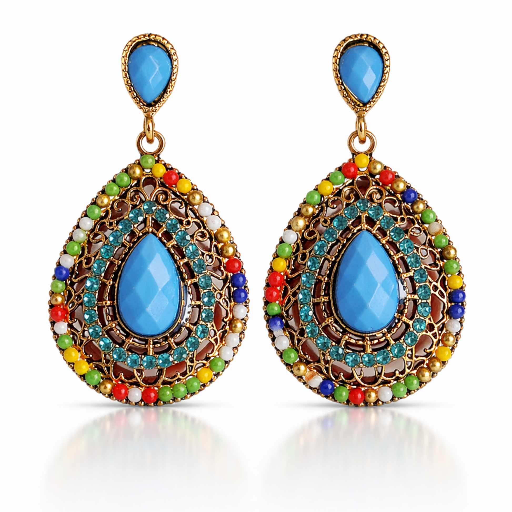 Pair of colorful earrings with blue teardrop stones on a white background