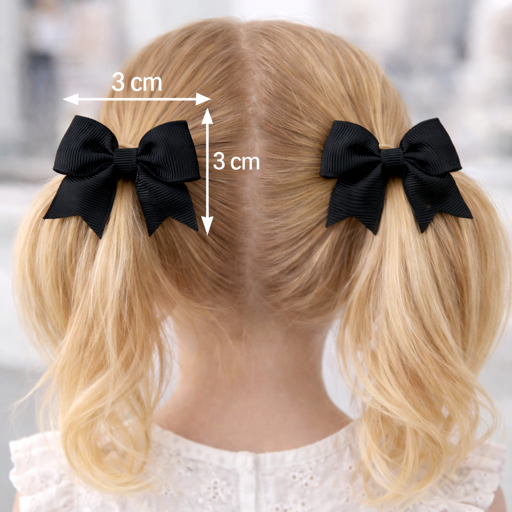 Blonde hair styled in pigtails with black bows, showing measurement details.