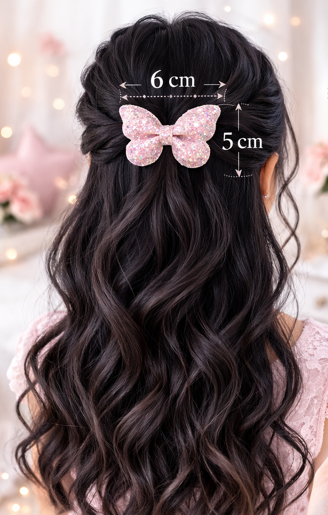 Long wavy hair with a pink butterfly hair clip, measurements indicated.