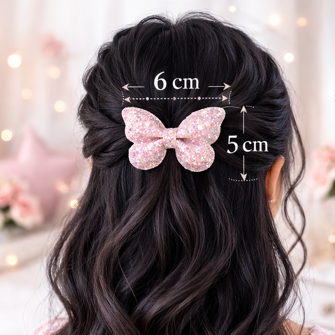 Long wavy hair with a pink butterfly hair clip, measurements indicated.